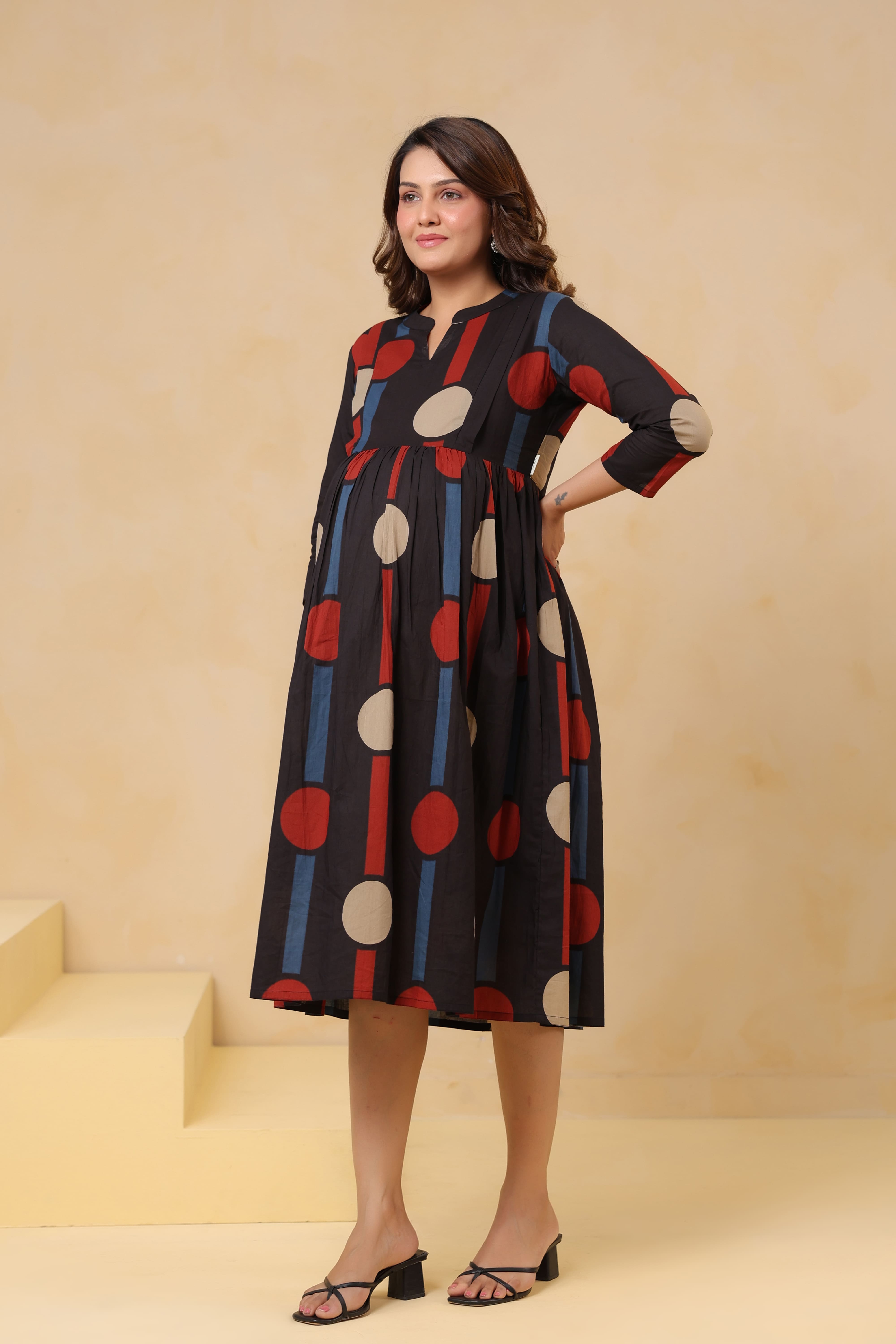 Black Geometric Ajrakh Cotton Maternity - Nursing Dress