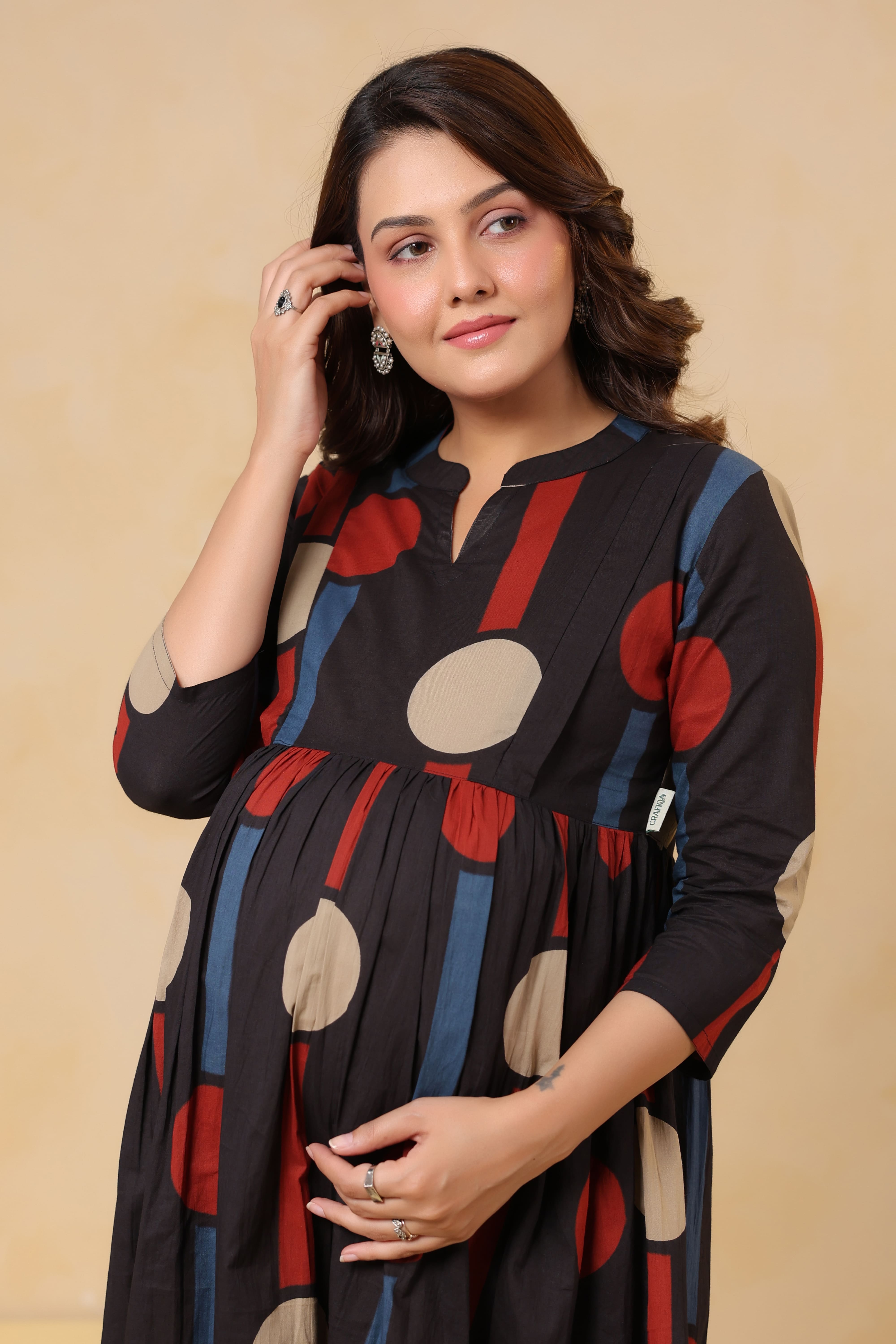 Black Geometric Ajrakh Cotton Maternity - Nursing Kurta