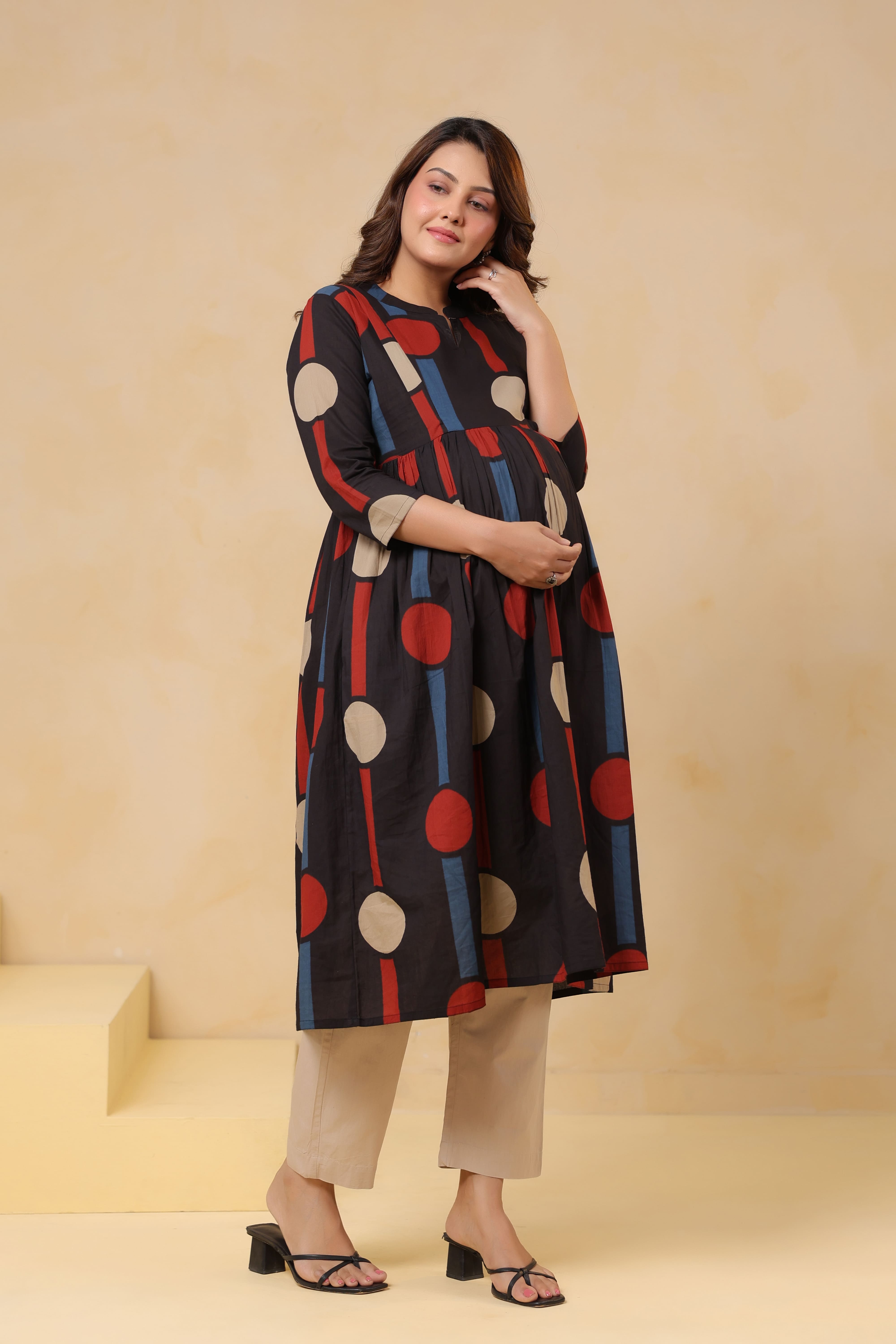 Black Geometric Ajrakh Cotton Maternity - Nursing Kurta