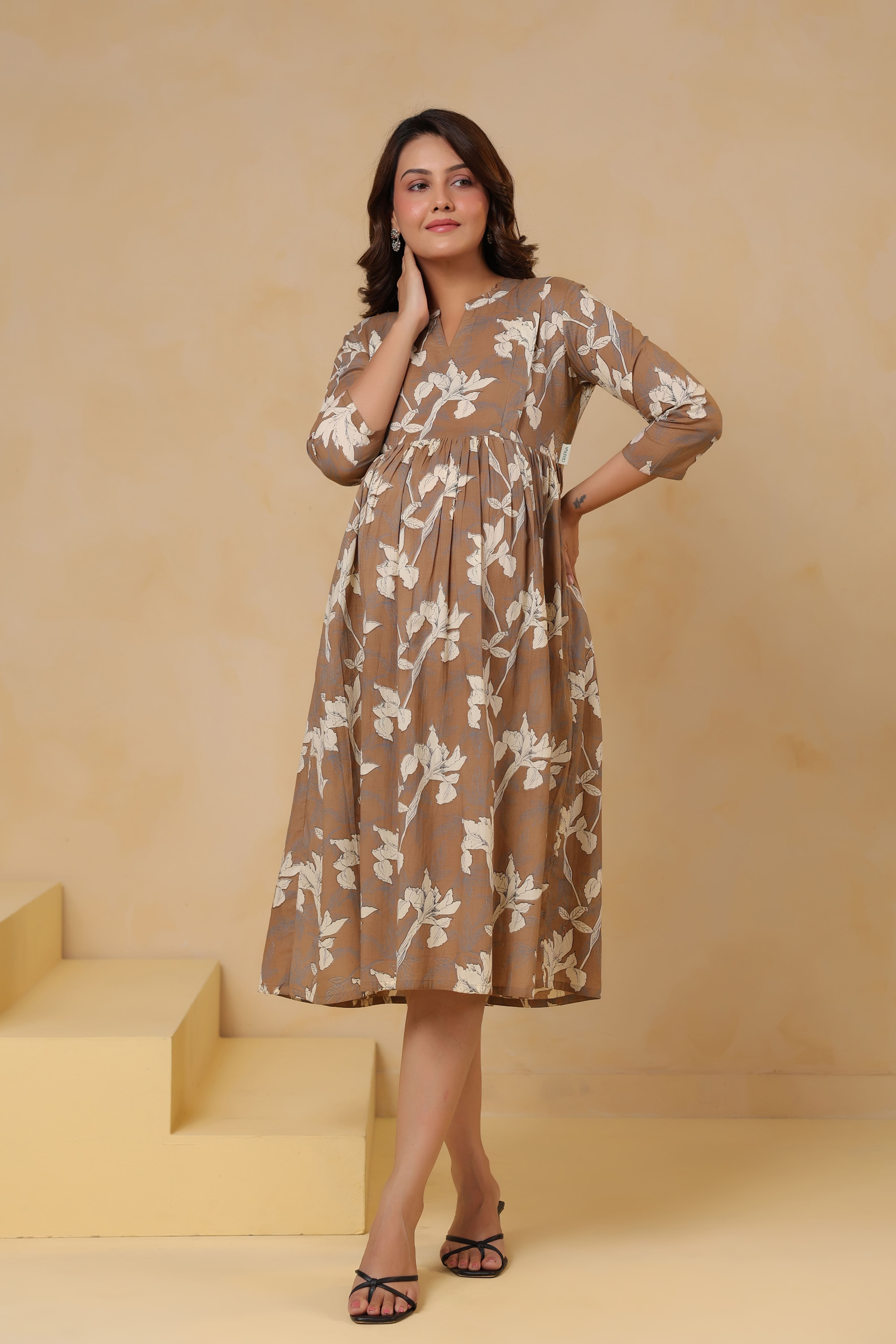 Latte Leaf Cotton Maternity - Nursing Dress