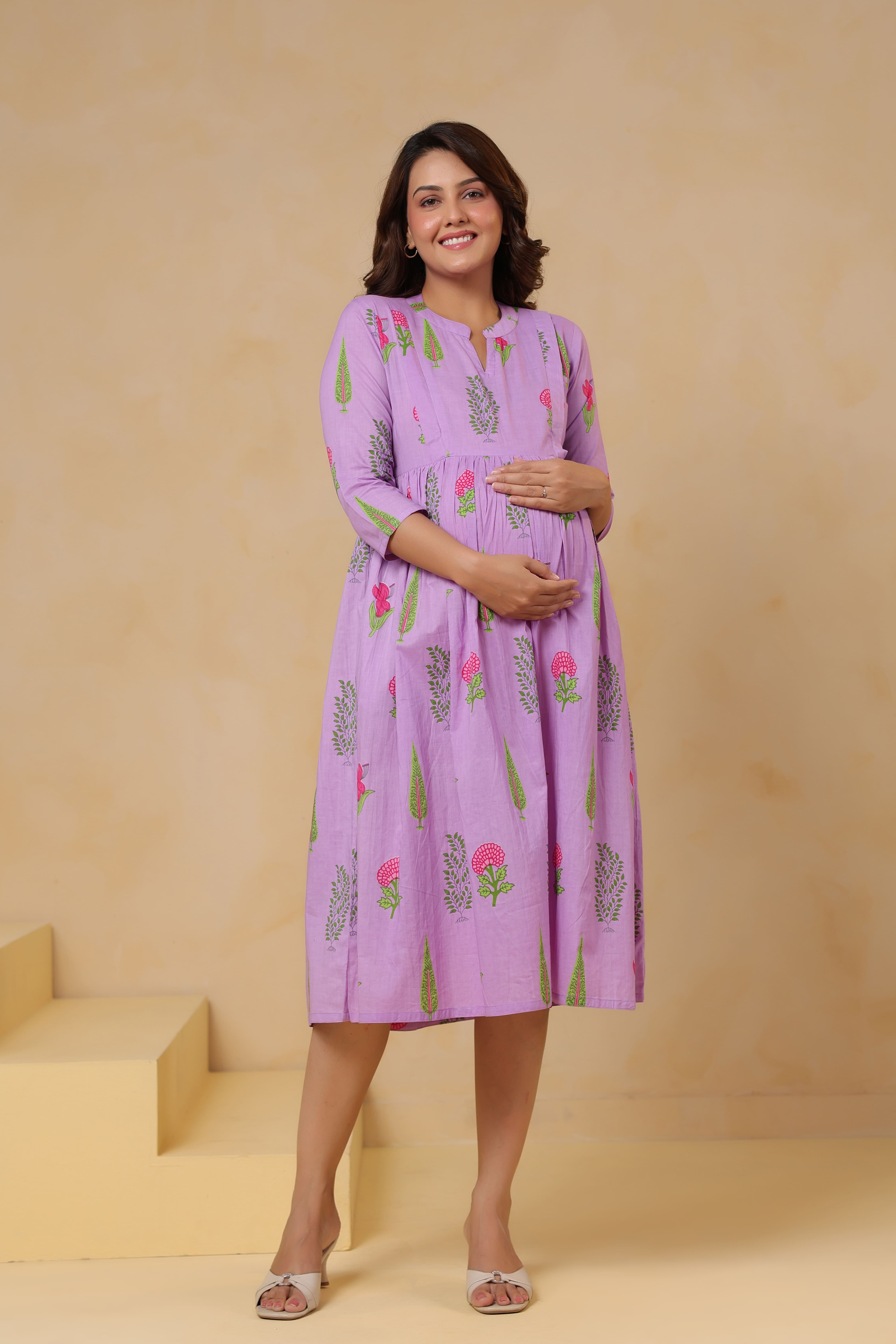 Lilac Glow Mughal Boota Cotton Maternity - Nursing Dress