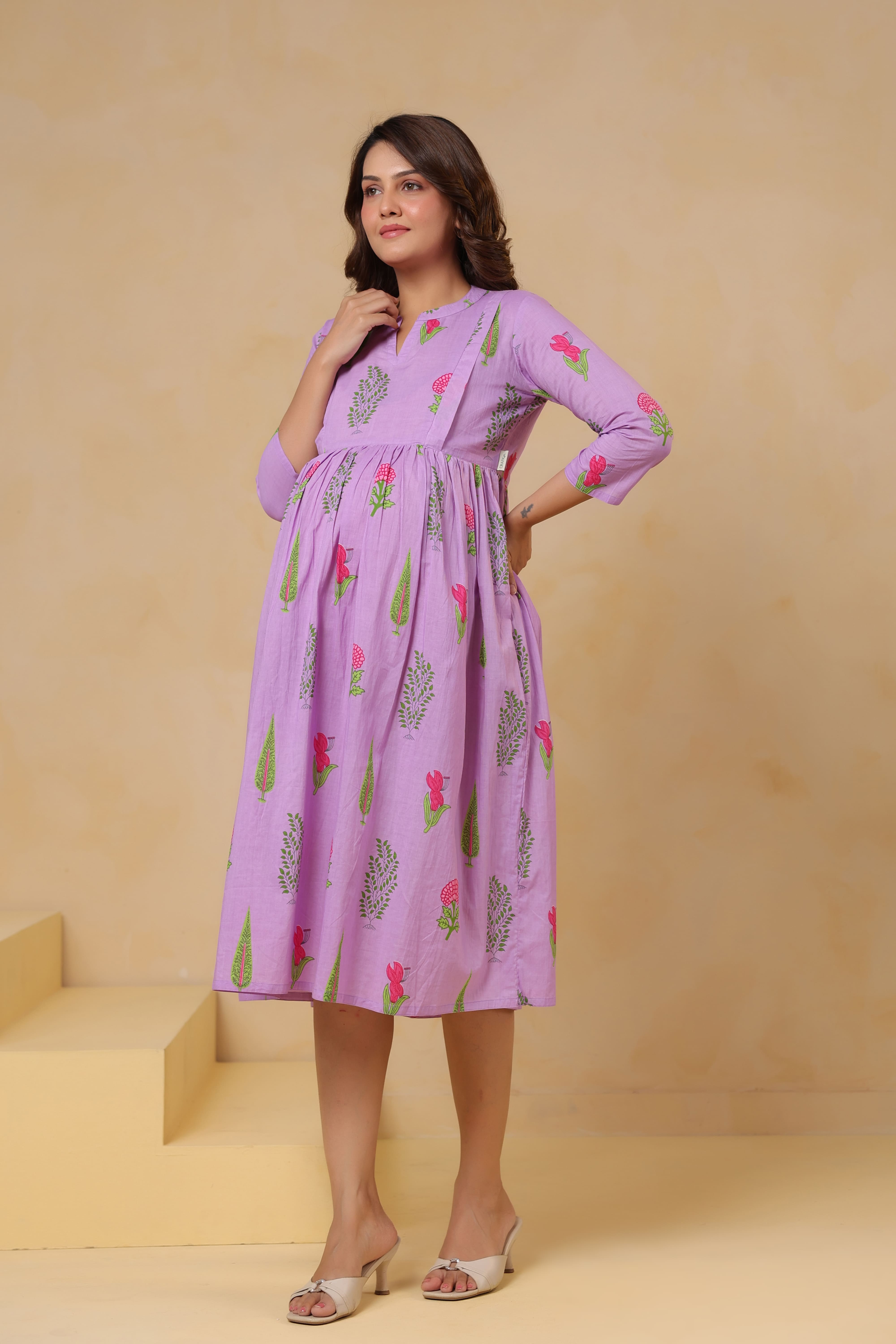 Lilac Glow Mughal Boota Cotton Maternity - Nursing Dress