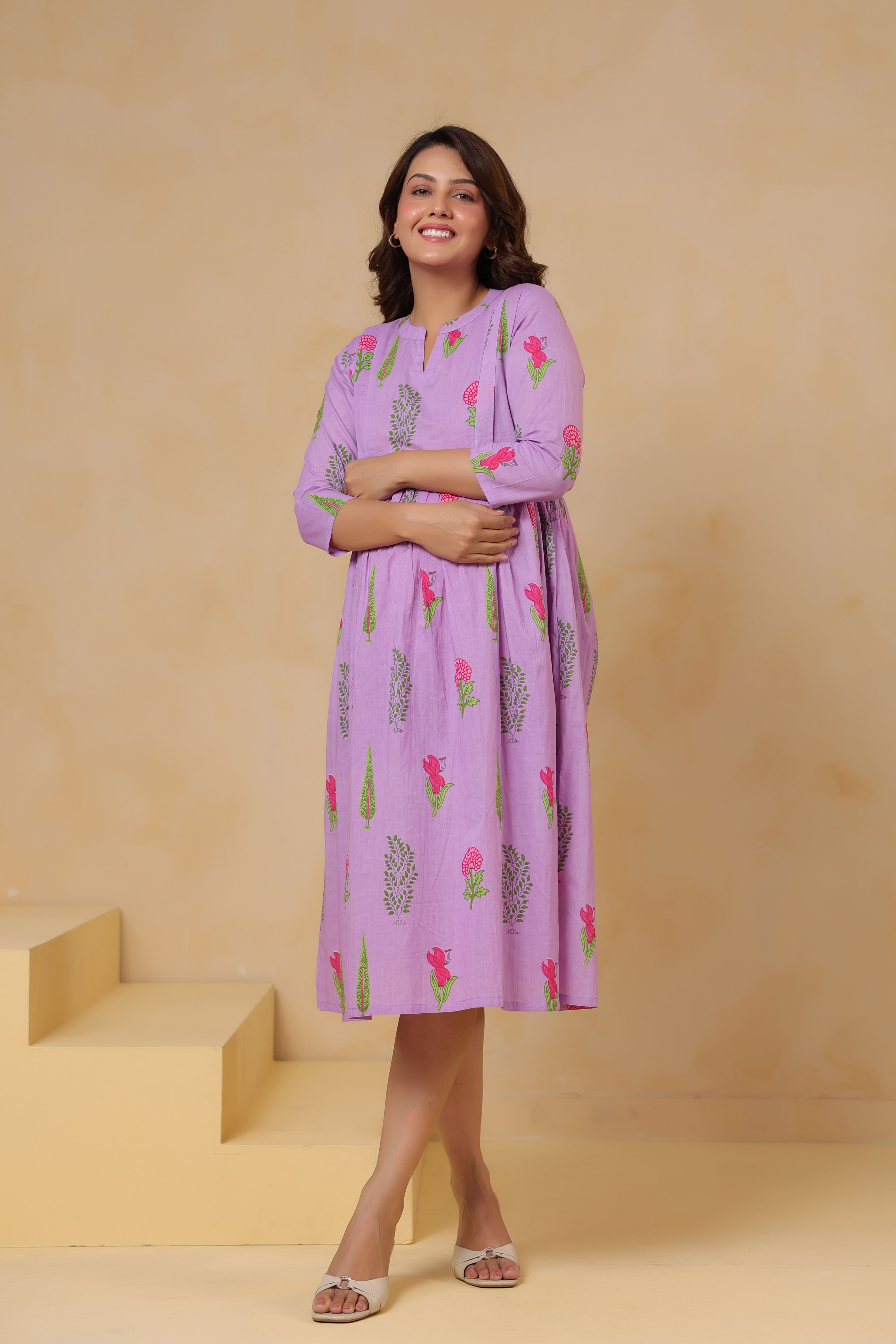Lilac Glow Mughal Boota Cotton Maternity - Nursing Dress