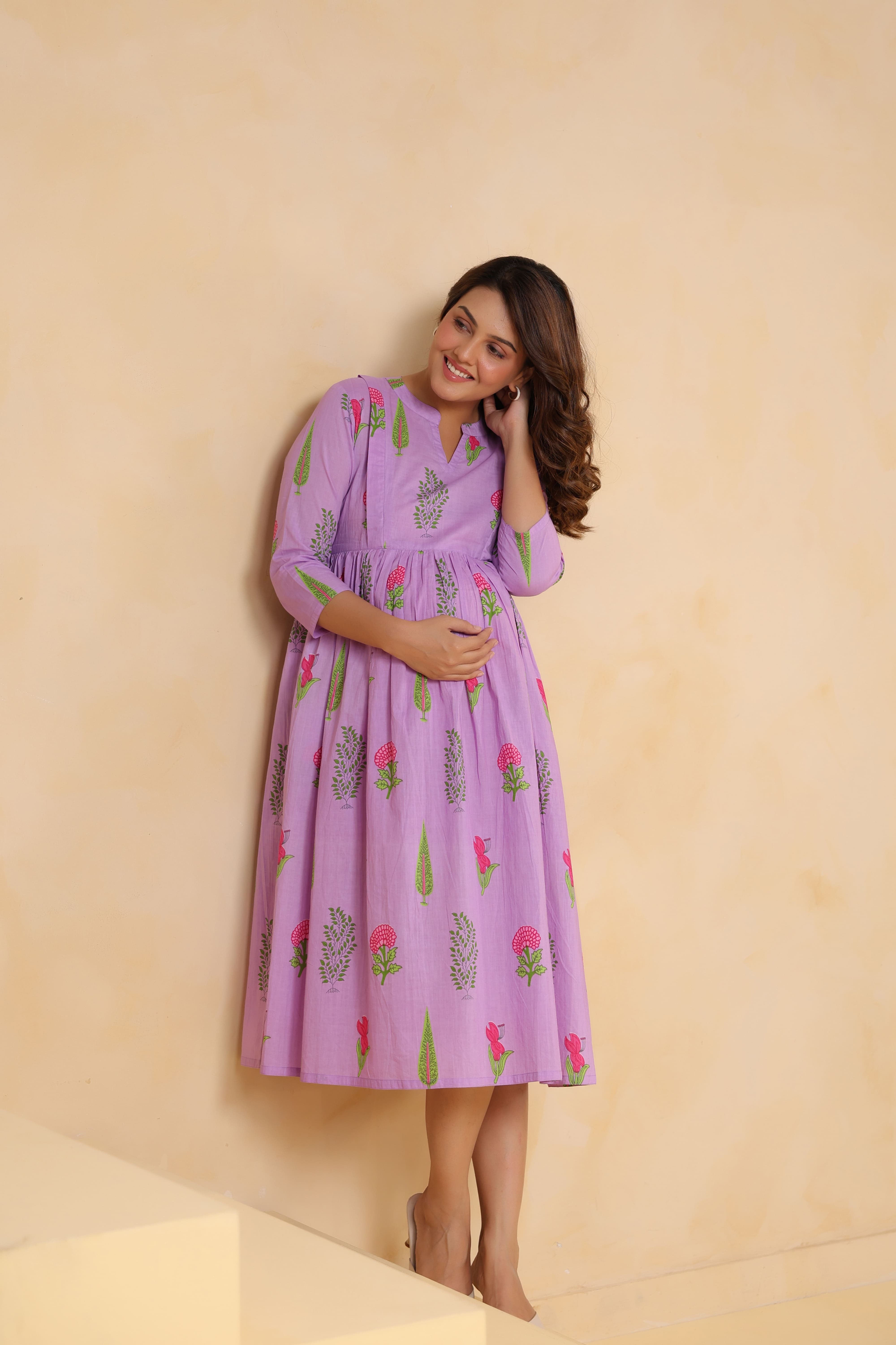Lilac Glow Mughal Boota Cotton Maternity - Nursing Dress