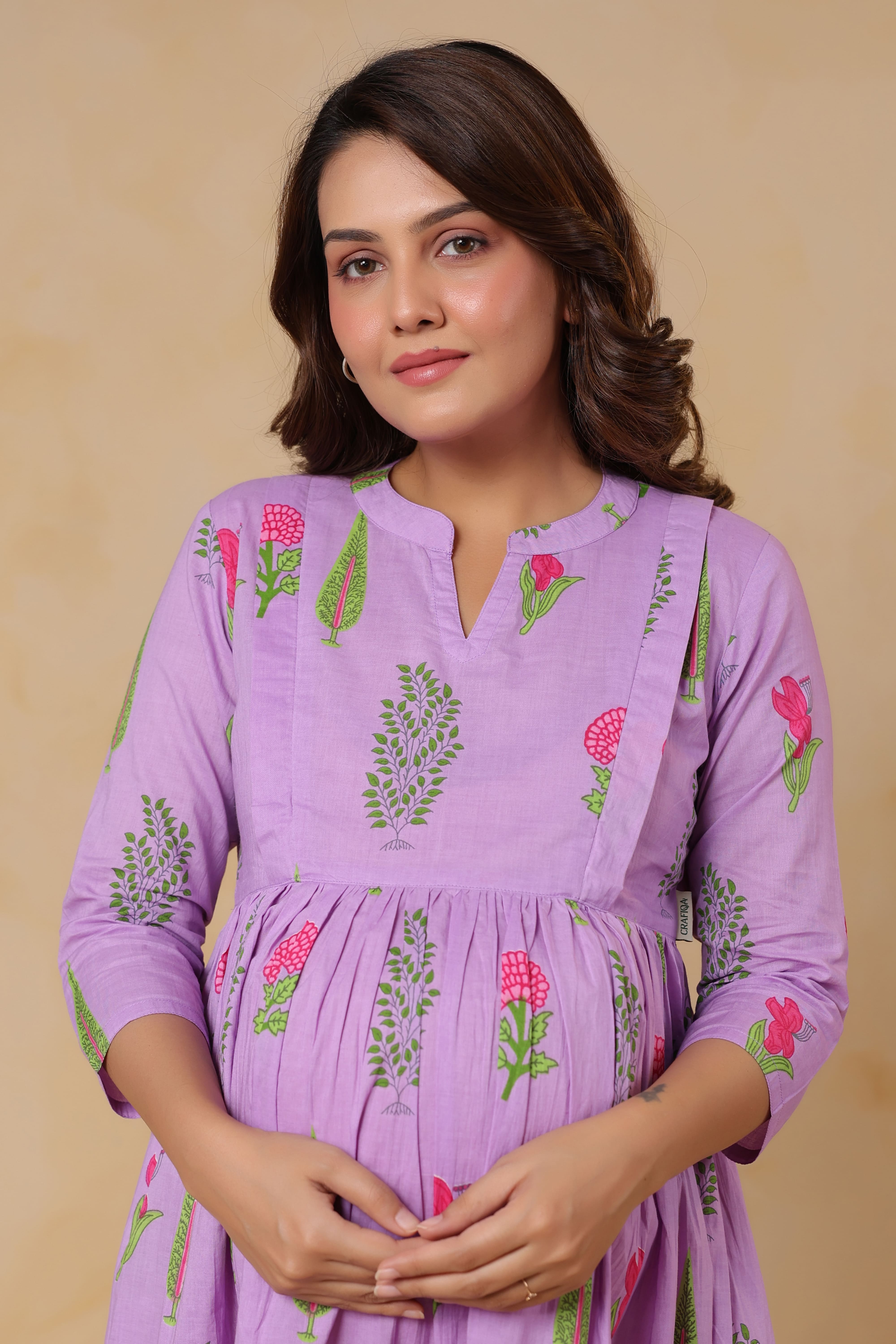 Lilac Glow Mughal Boota Cotton Maternity - Nursing Dress