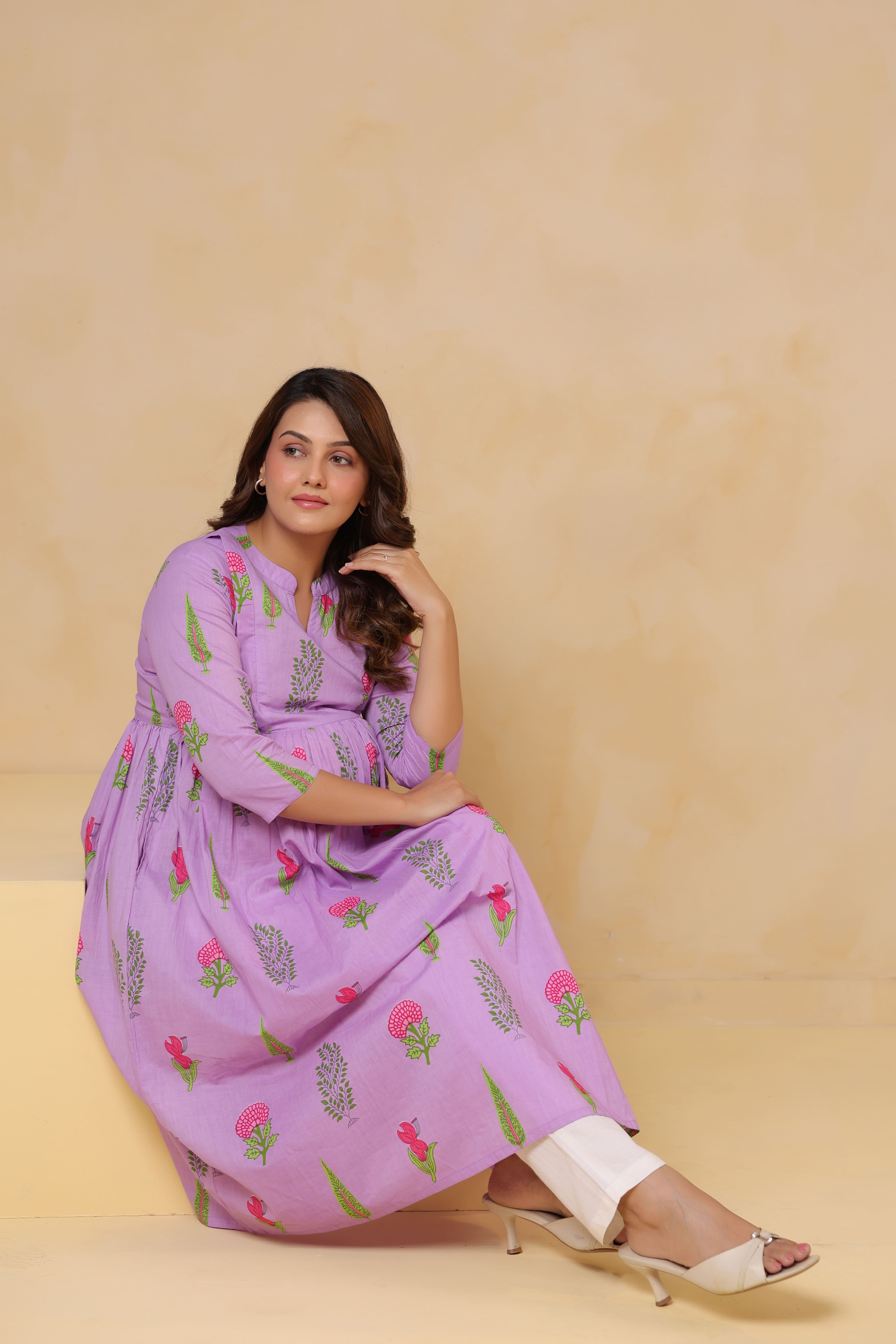 Lilac Glow Mughal Boota Cotton Maternity - Nursing Kurta