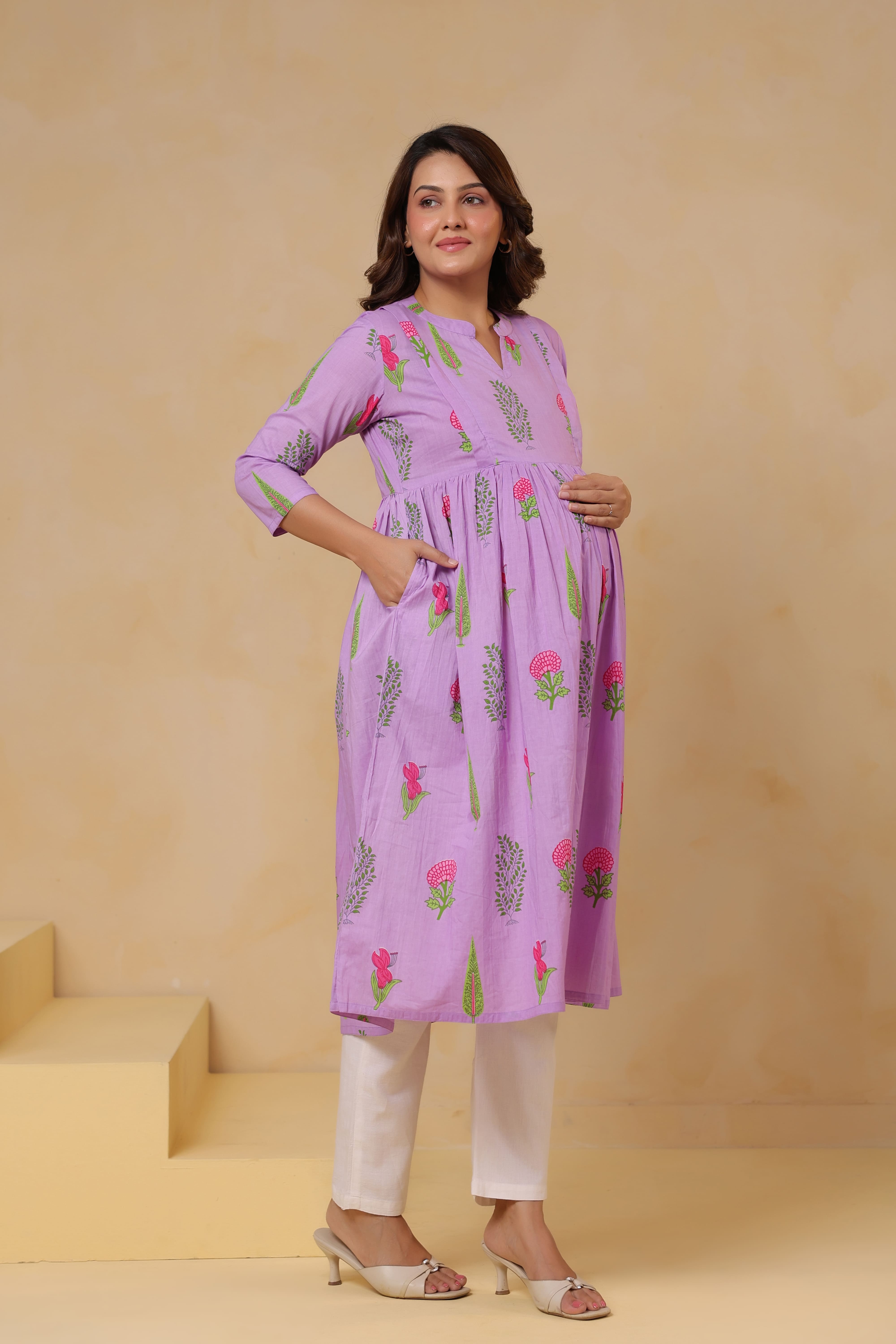 Lilac Glow Mughal Boota Cotton Maternity - Nursing Kurta
