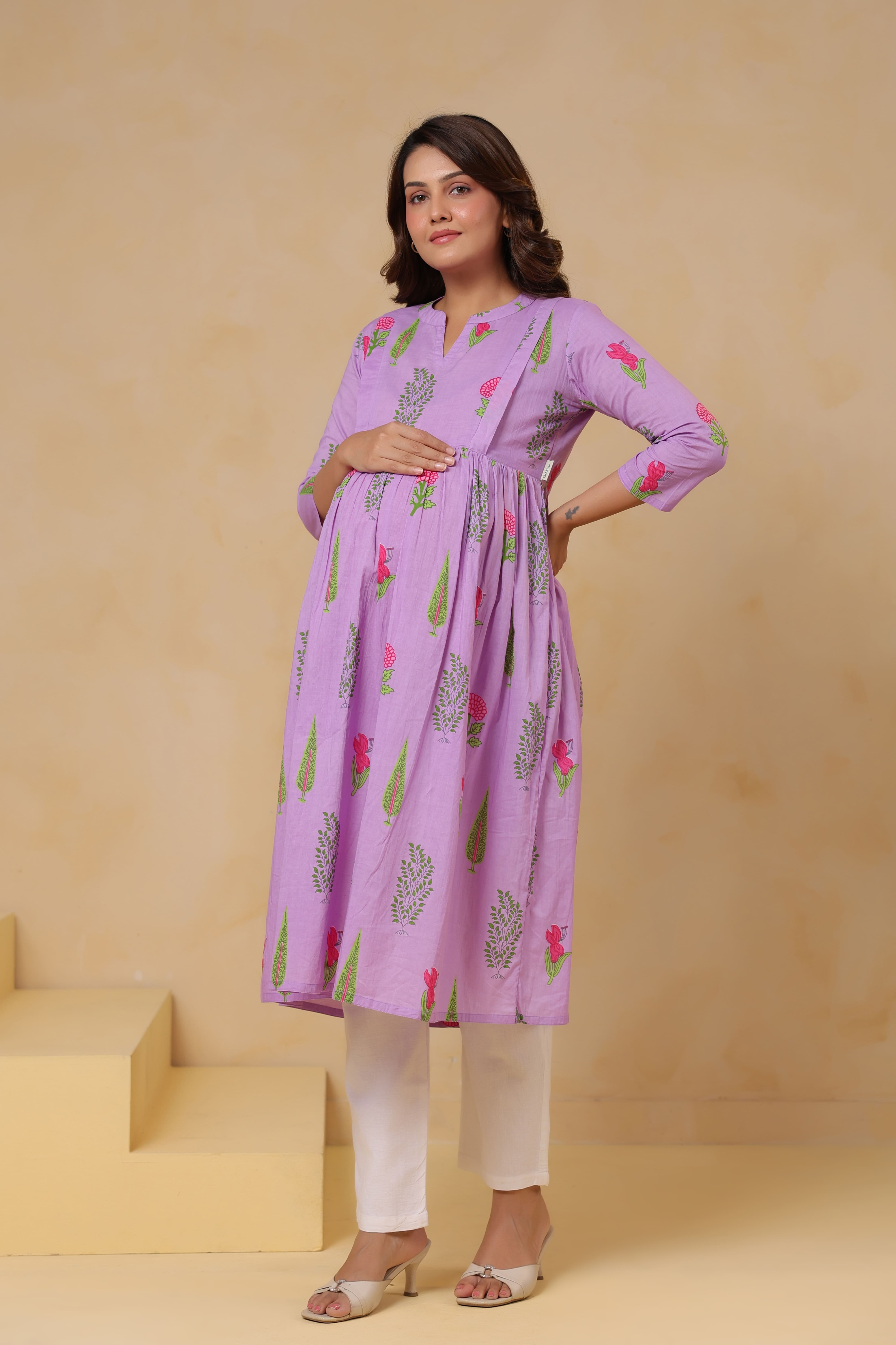 Lilac Glow Mughal Boota Cotton Maternity - Nursing Kurta