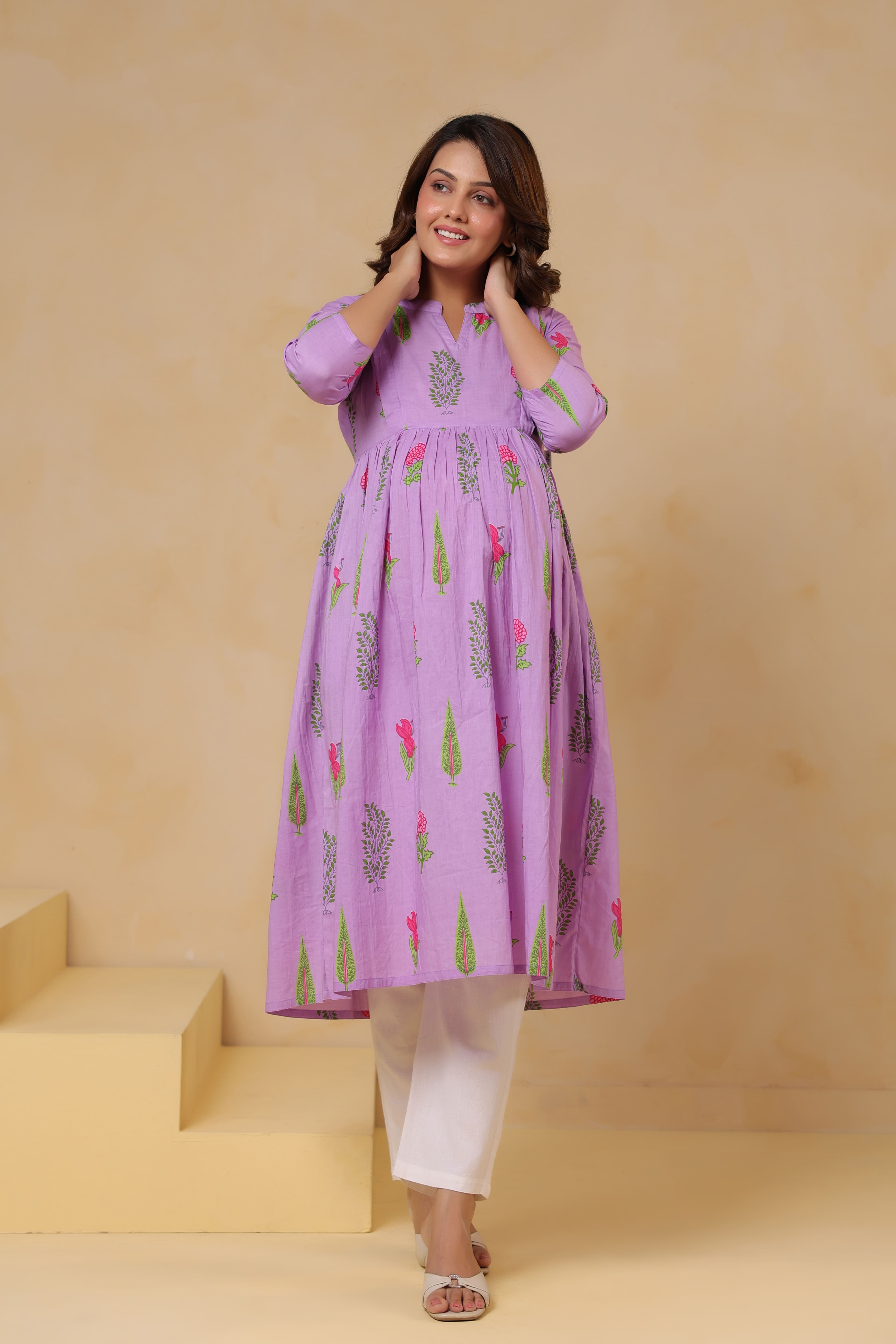 Lilac Glow Mughal Boota Cotton Maternity - Nursing Kurta
