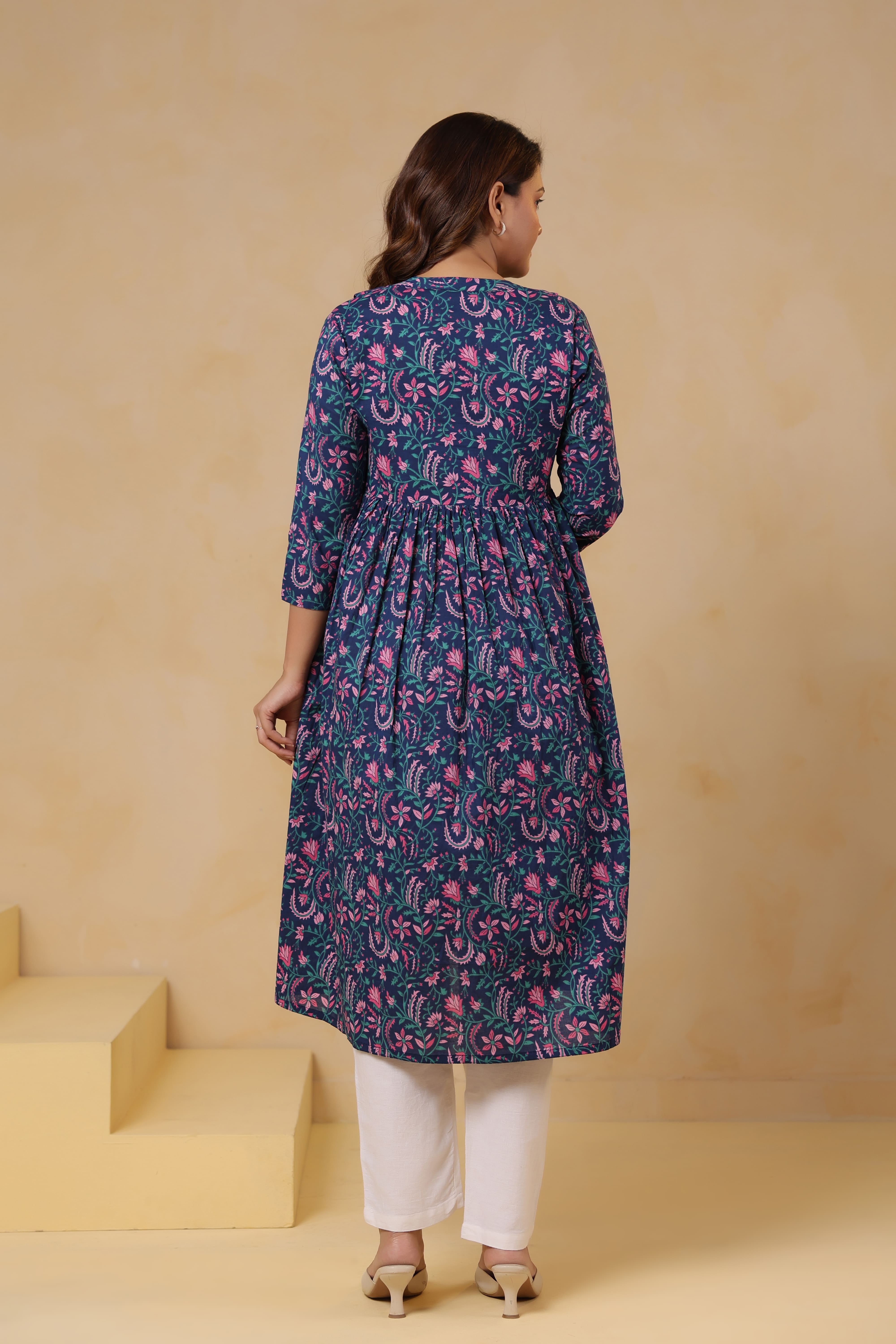 Vintage Blue Floral Cotton Maternity - Nursing Kurta