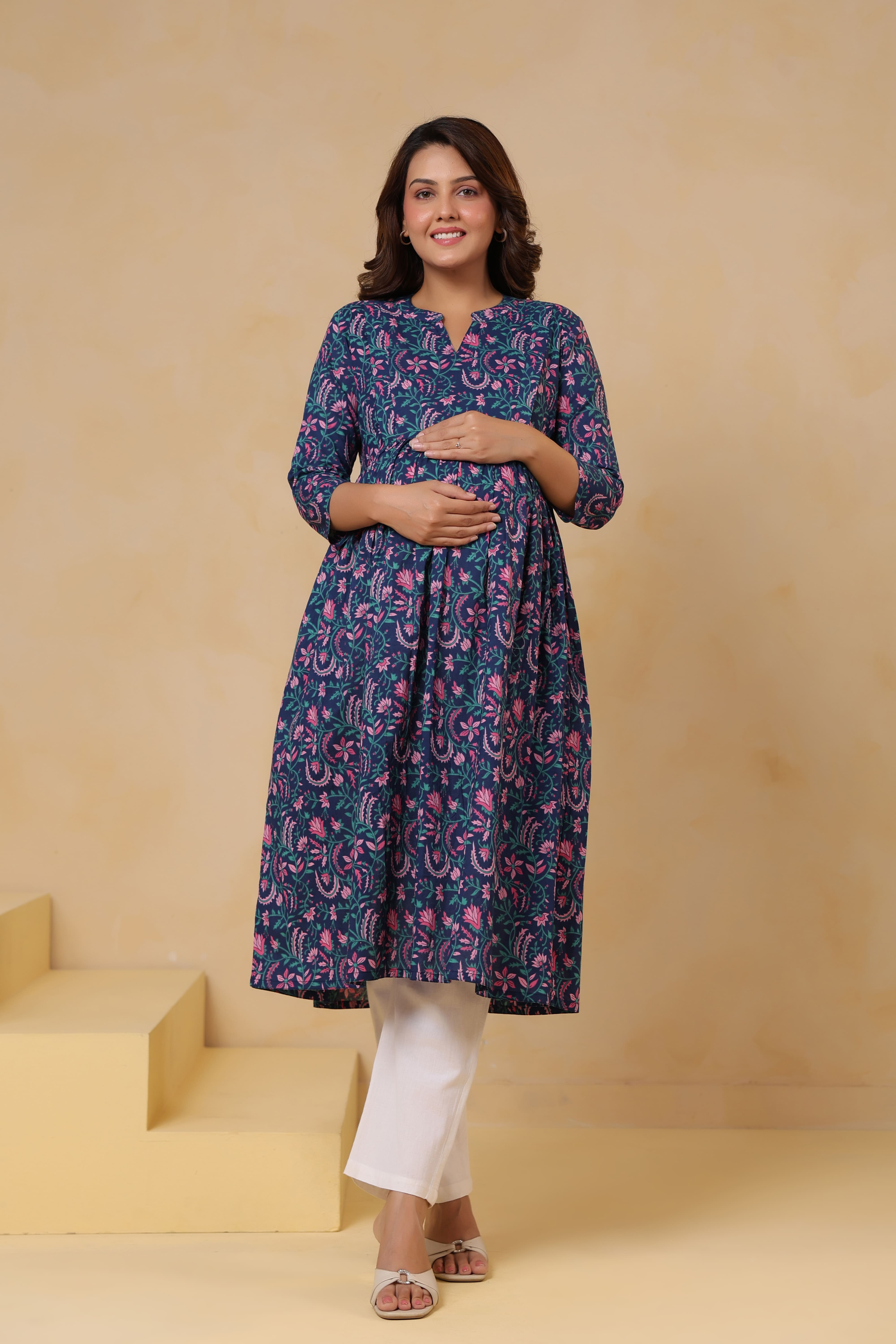 Vintage Blue Floral Cotton Maternity - Nursing Kurta