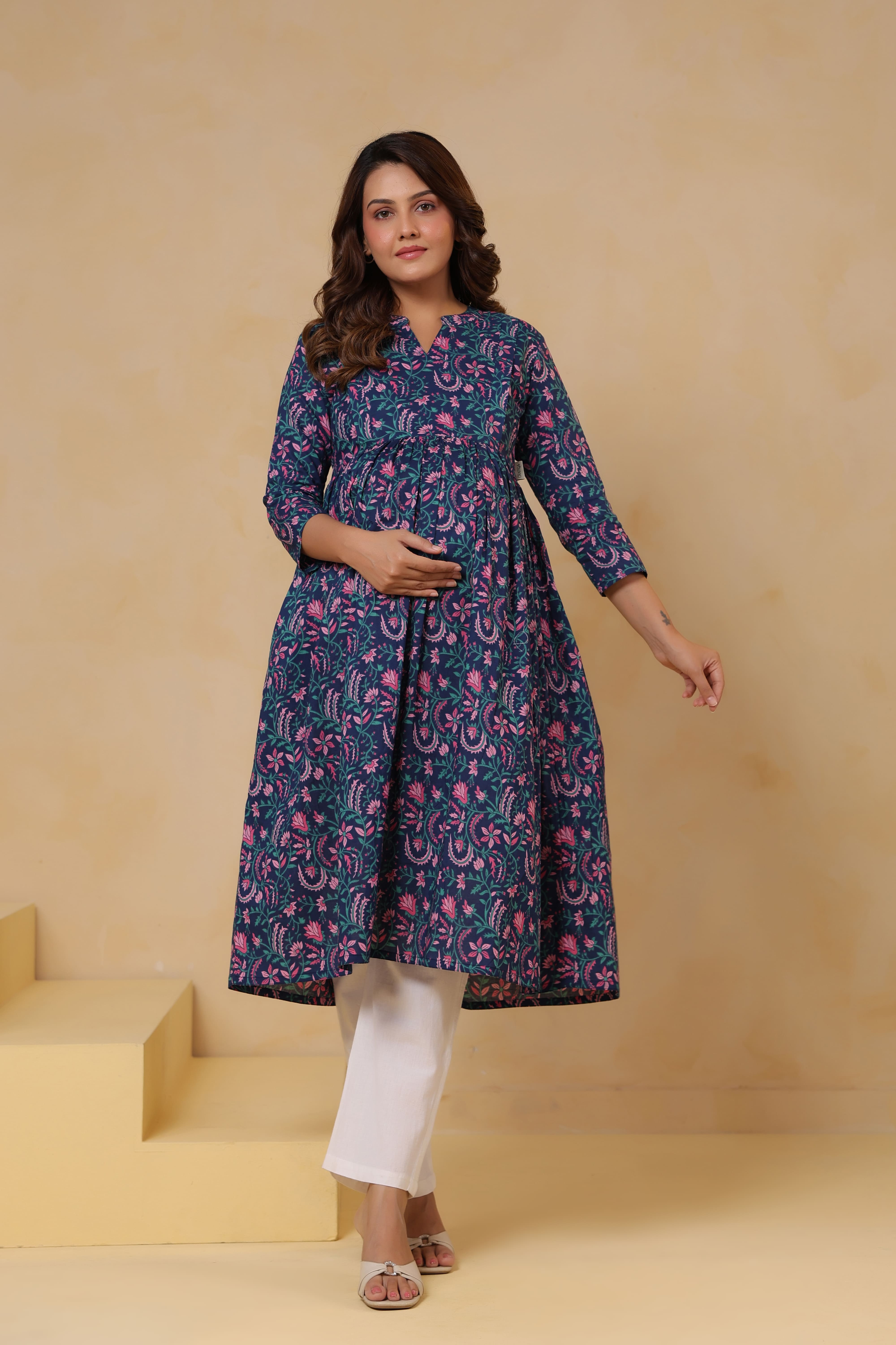 Vintage Blue Floral Cotton Maternity - Nursing Kurta