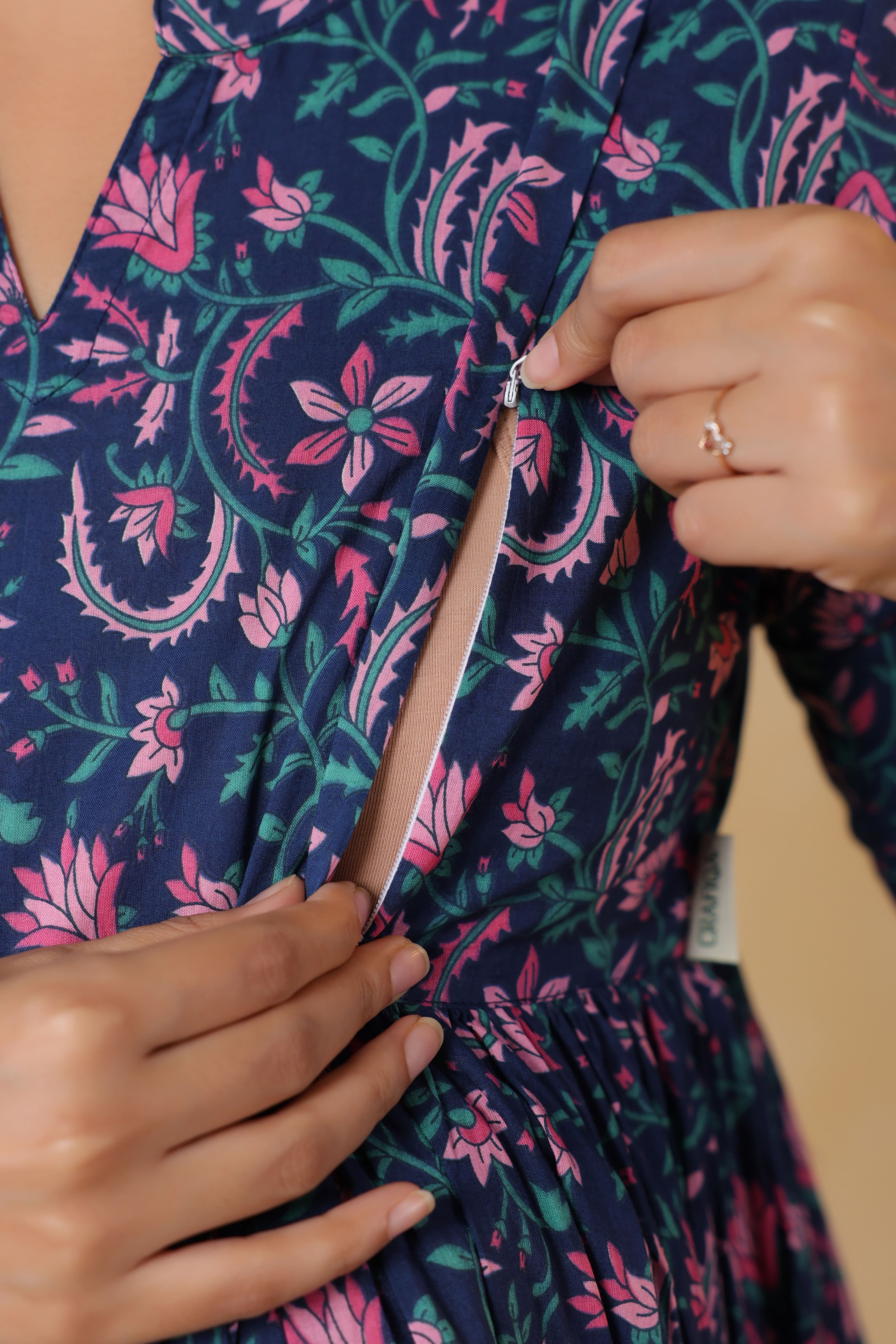 Vintage Blue Floral Cotton Maternity - Nursing Kurta