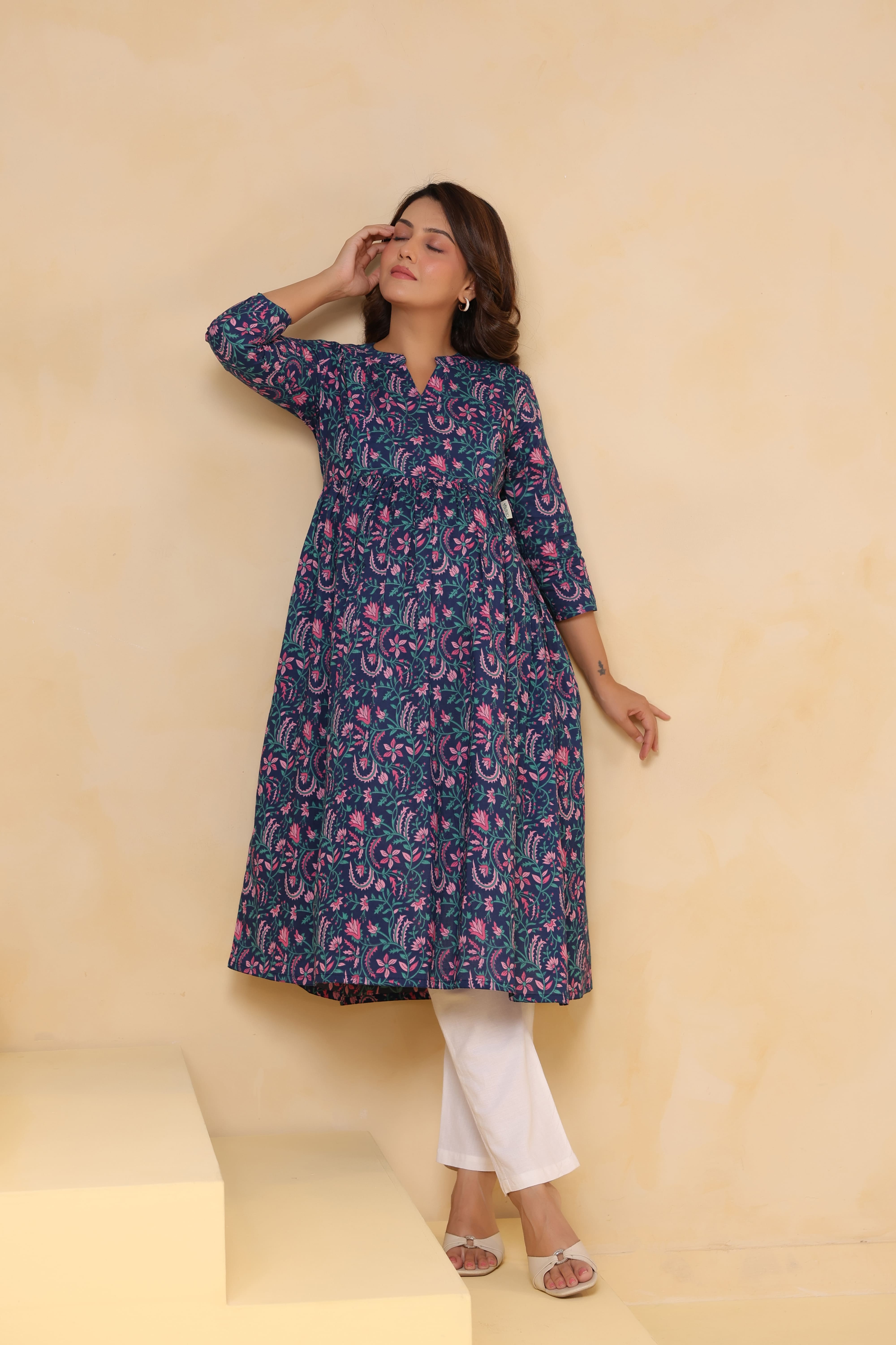 Vintage Blue Floral Cotton Maternity - Nursing Kurta