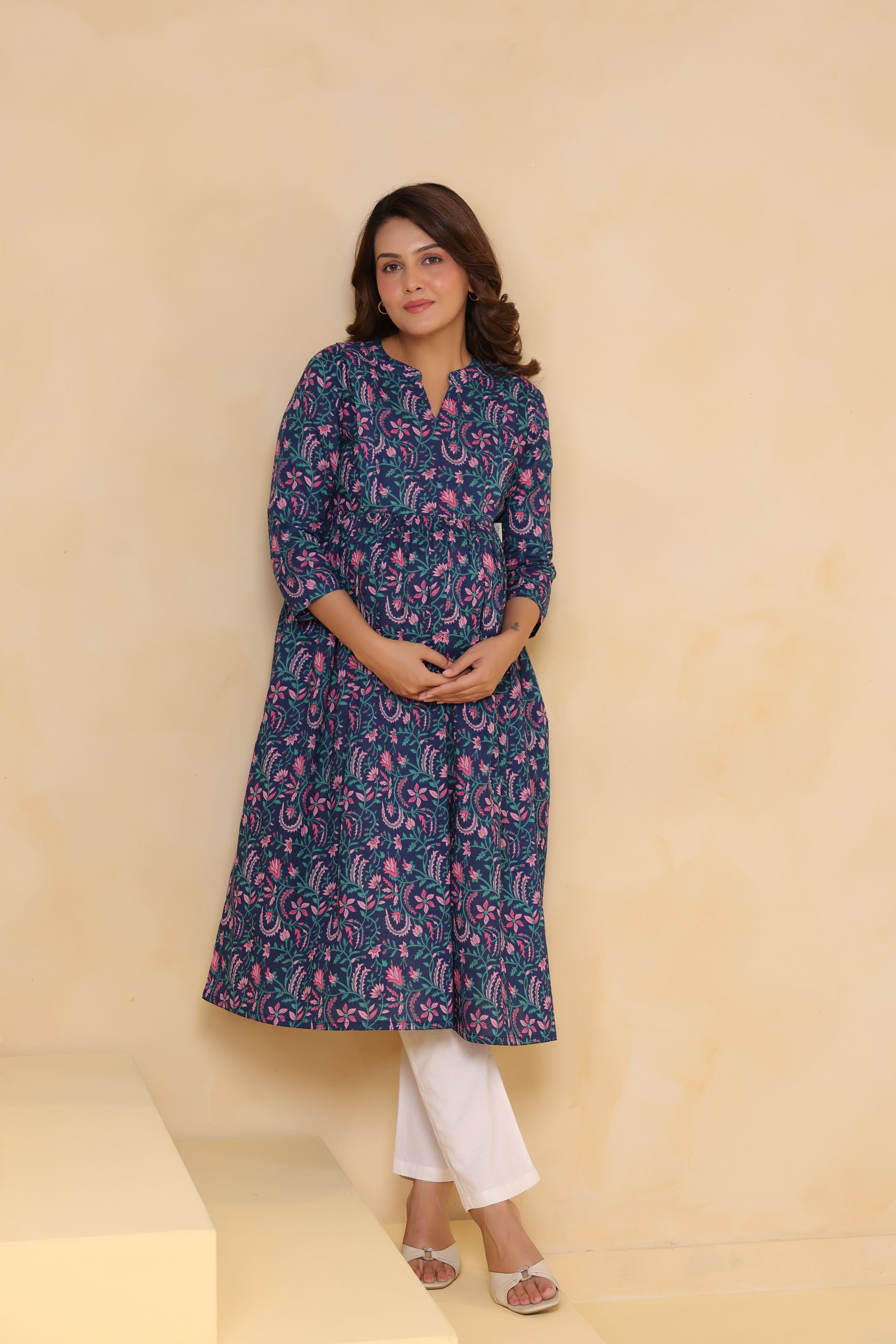 Vintage Blue Floral Cotton Maternity - Nursing Kurta