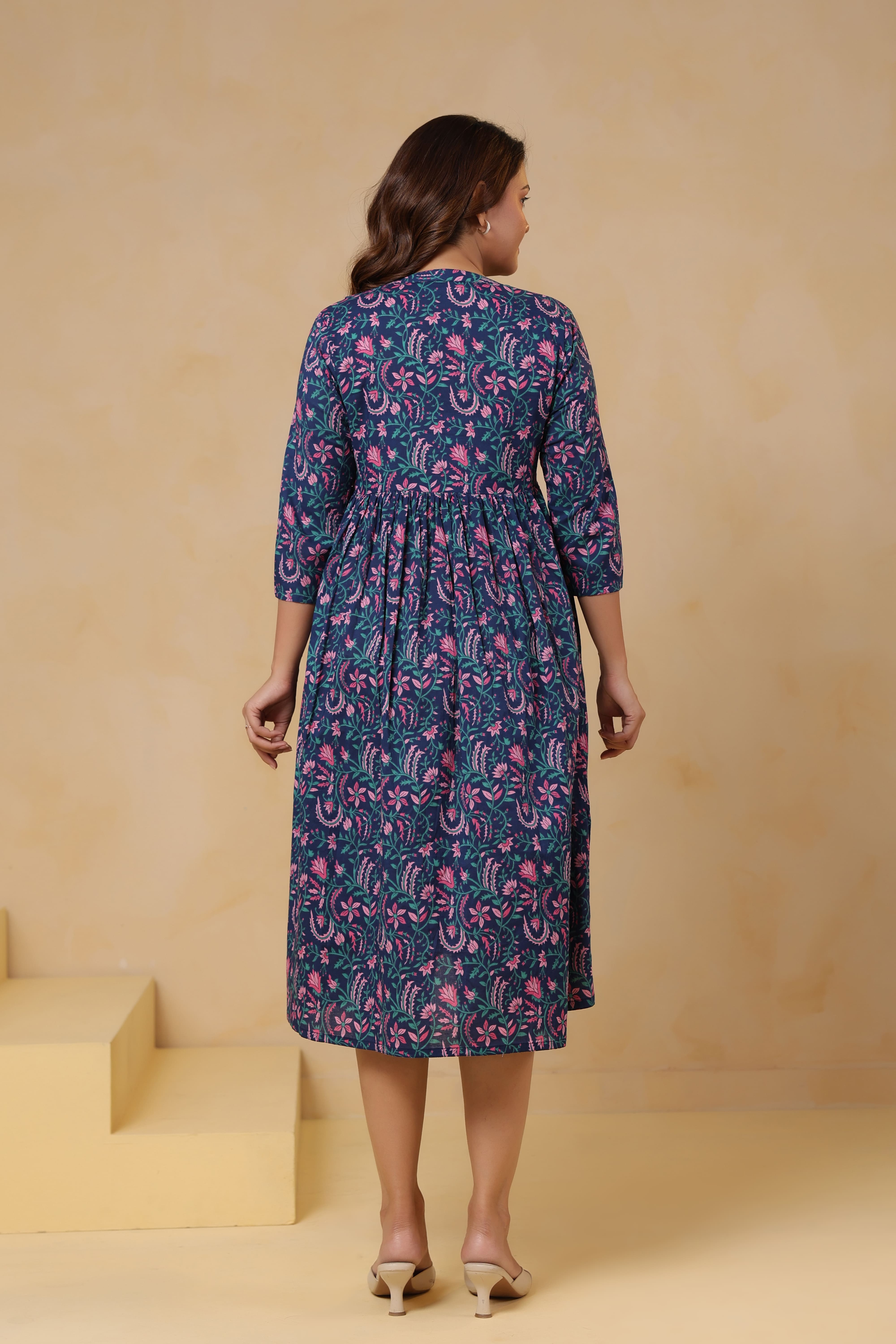 Vintage Blue Floral Cotton Maternity - Nursing Dress