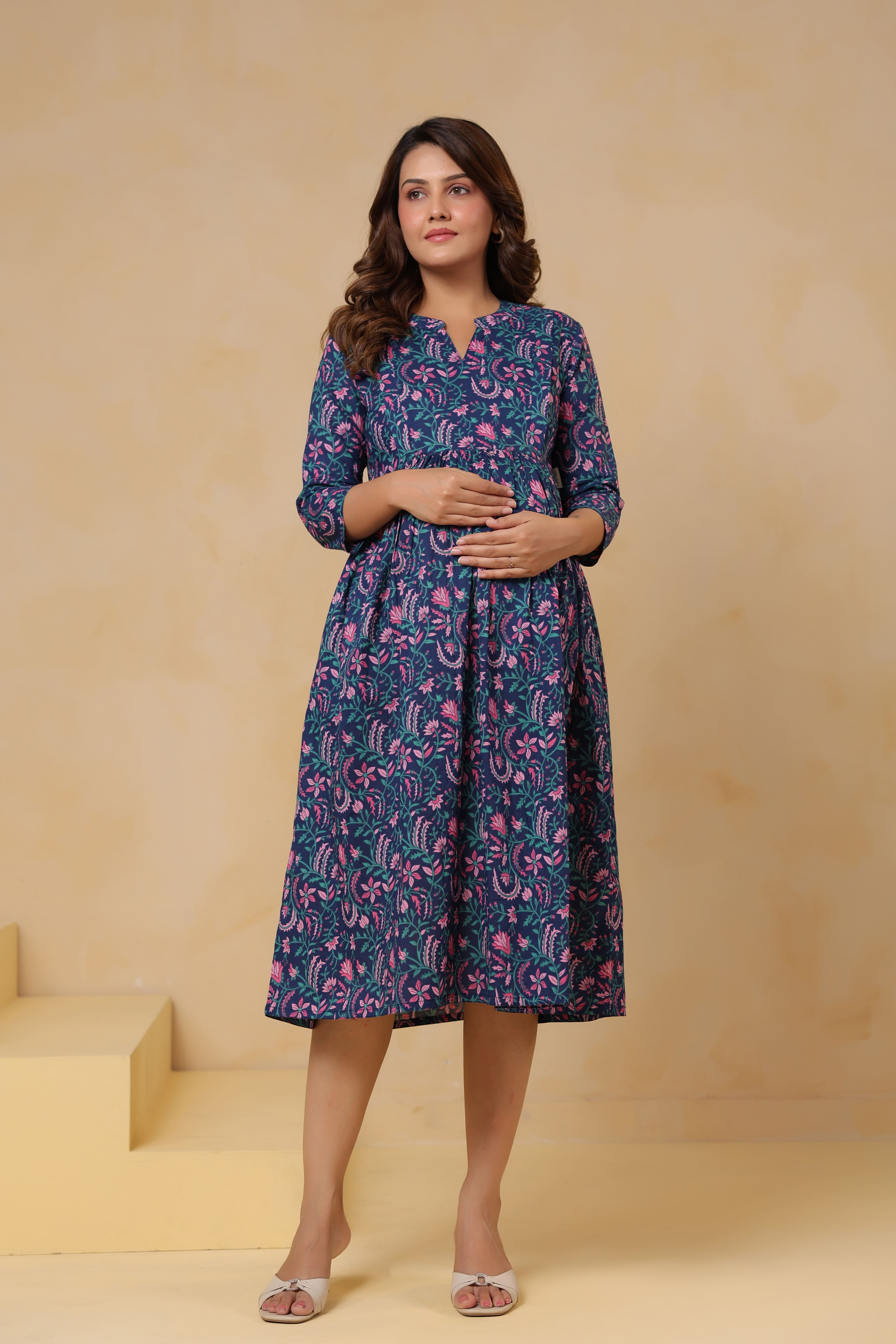 Vintage Blue Floral Cotton Maternity - Nursing Dress