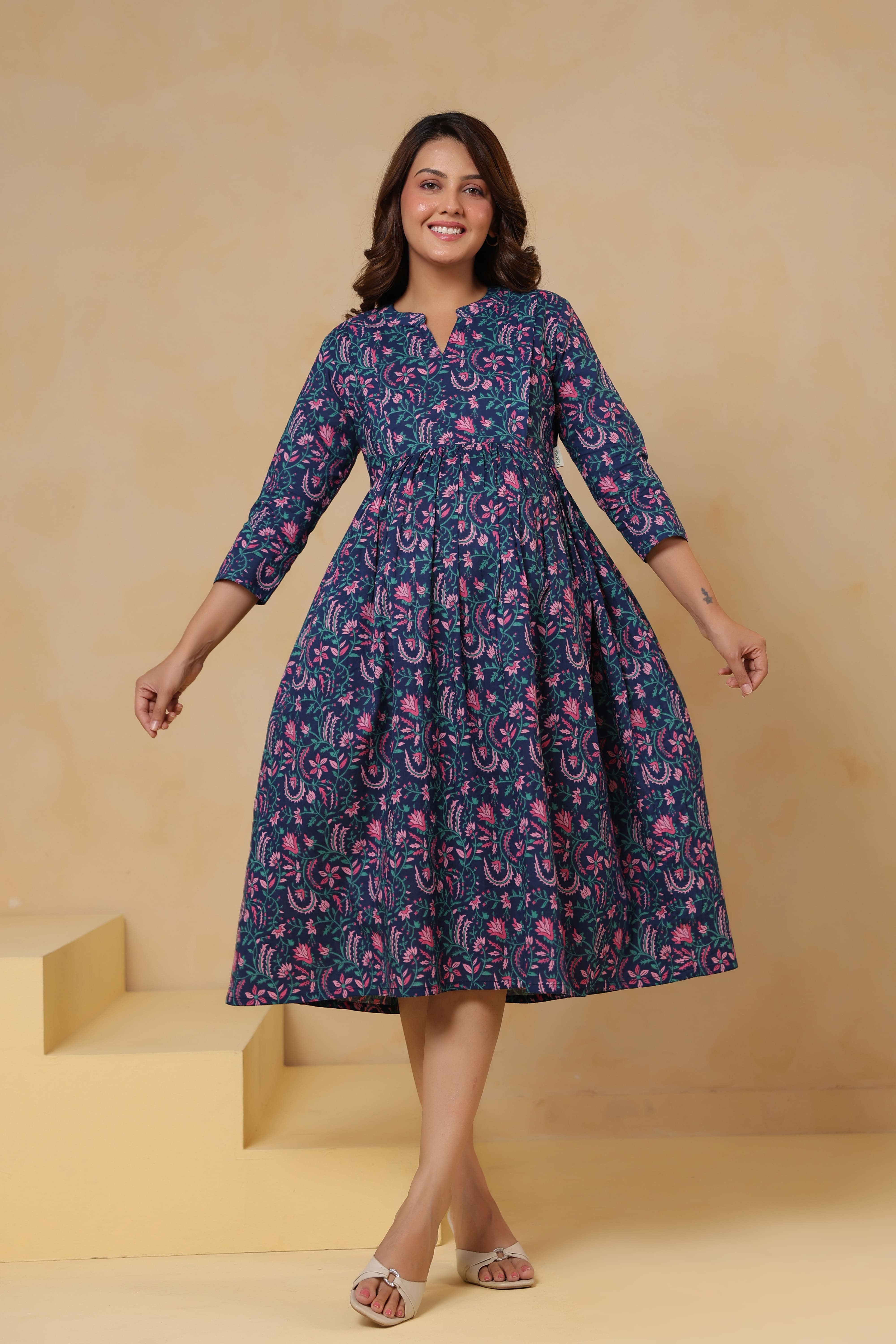 Vintage Blue Floral Cotton Maternity - Nursing Dress
