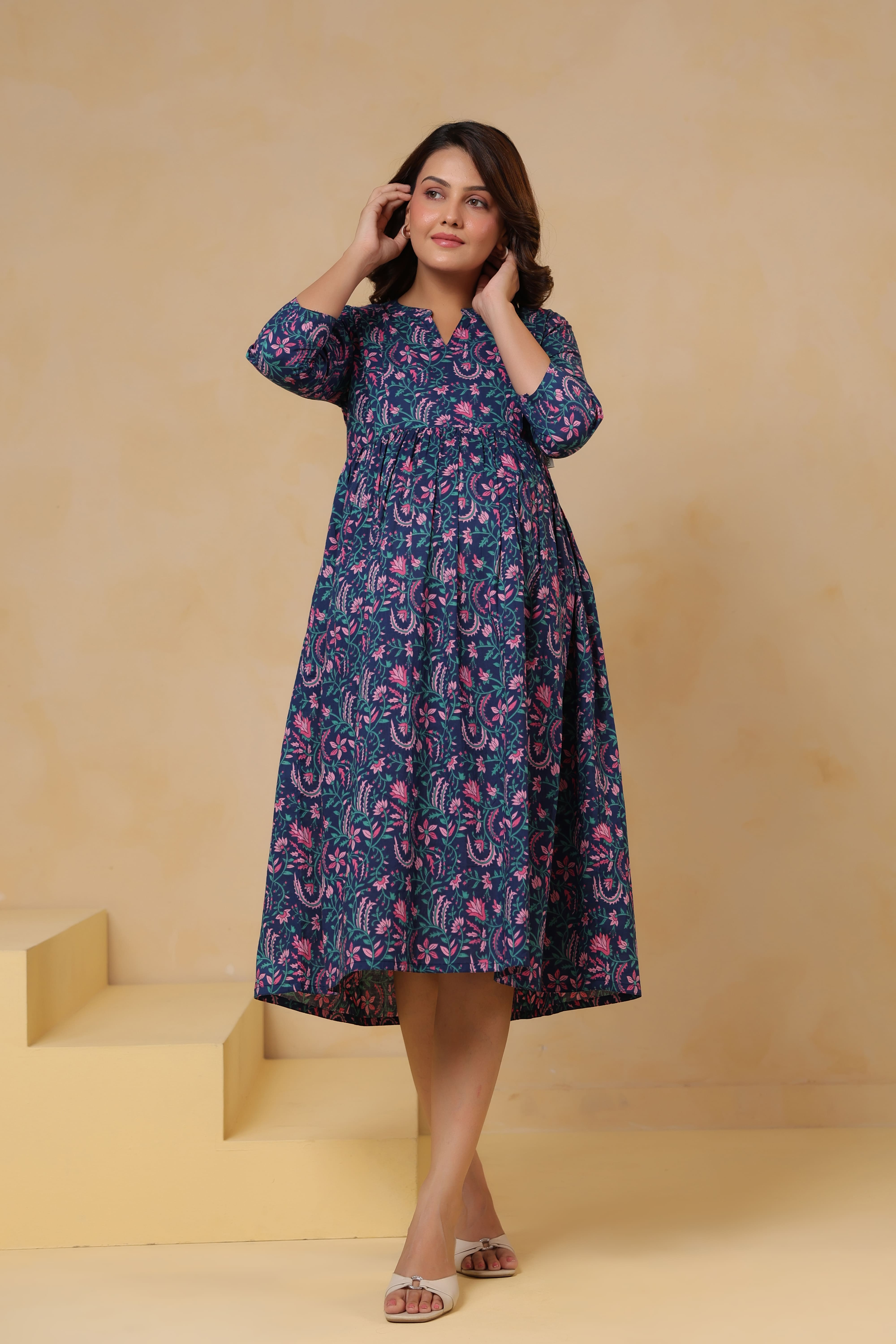 Vintage Blue Floral Cotton Maternity - Nursing Dress