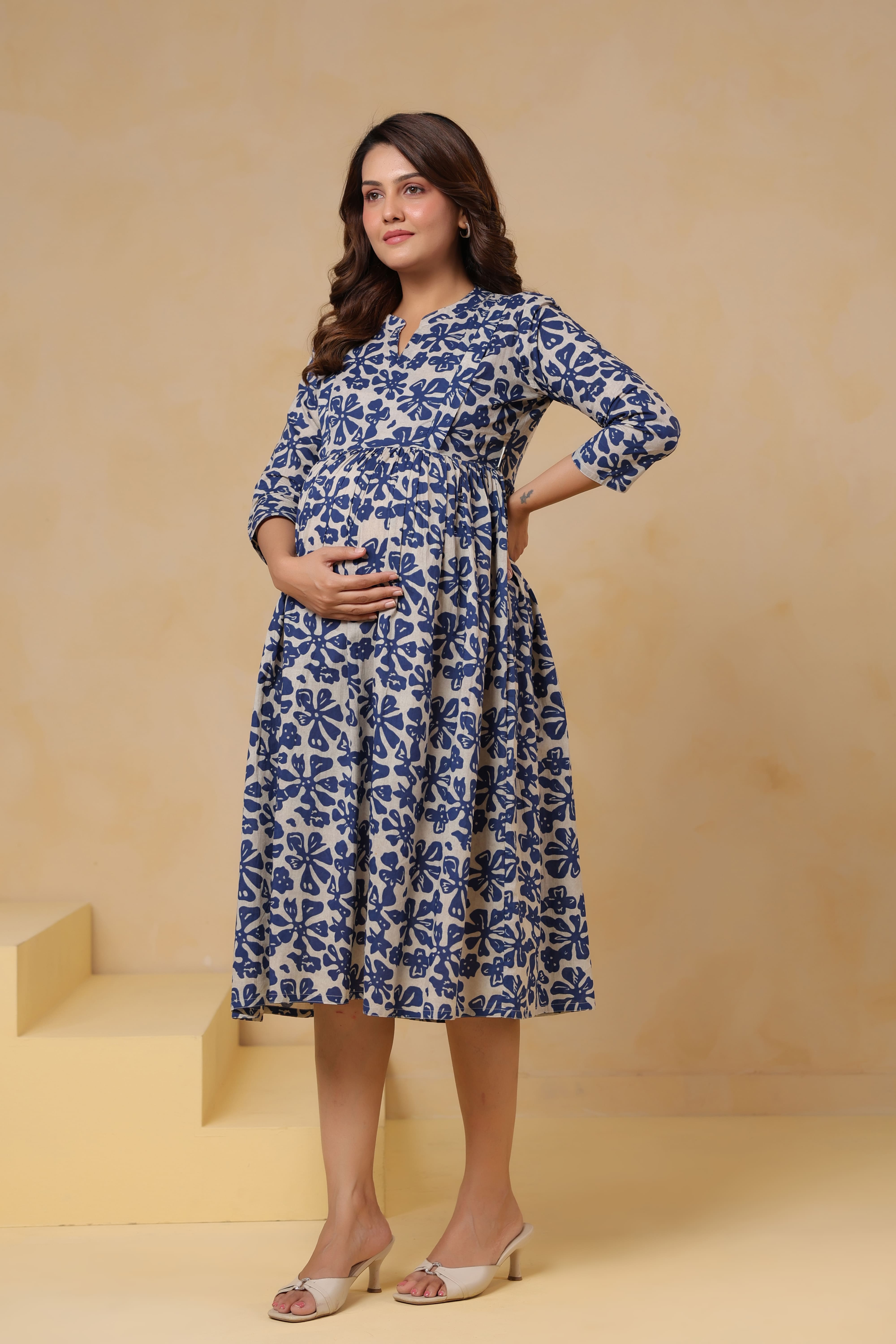 Indigo Ditsy Cotton Maternity - Nursing Dress