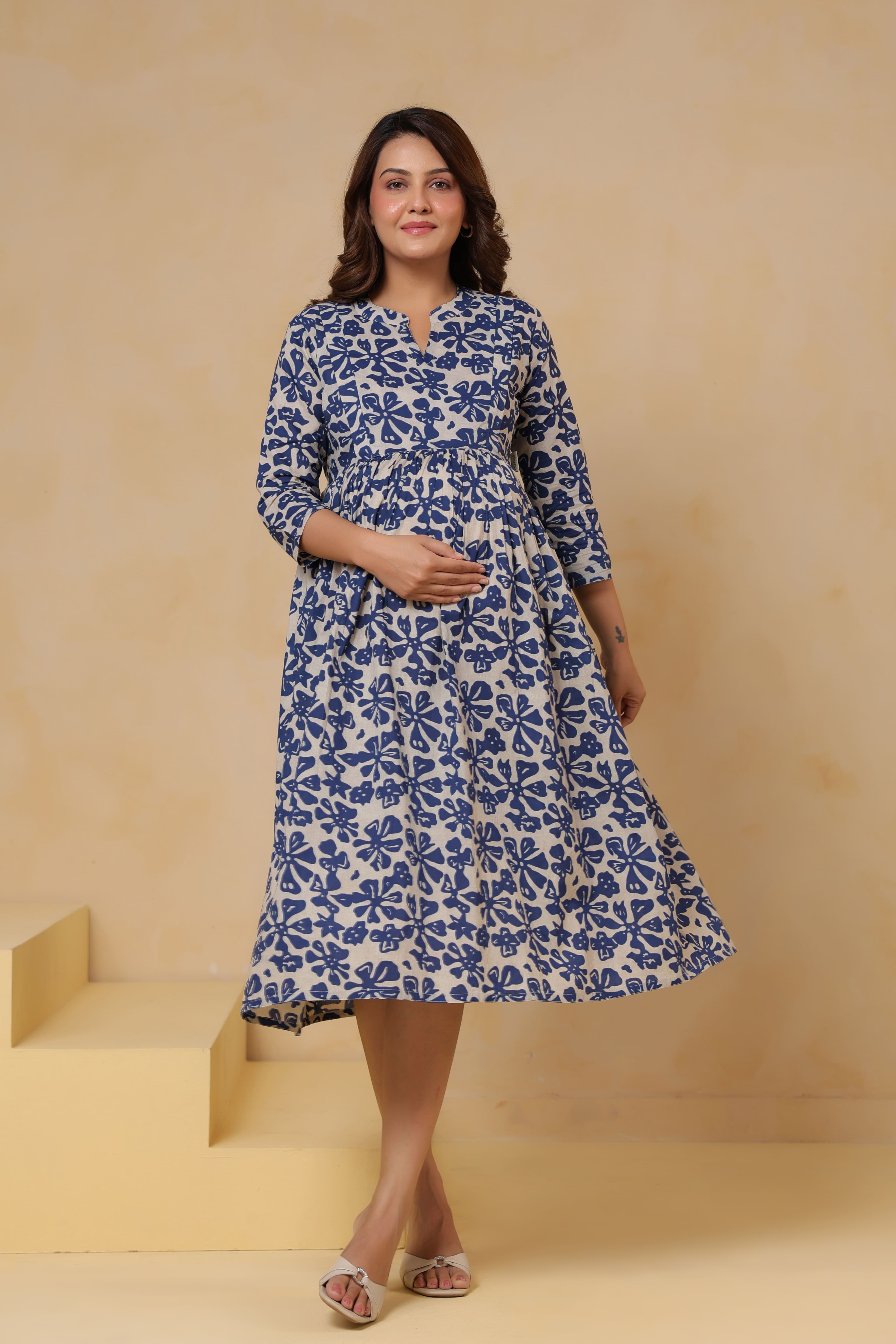 Indigo Ditsy Cotton Maternity - Nursing Dress