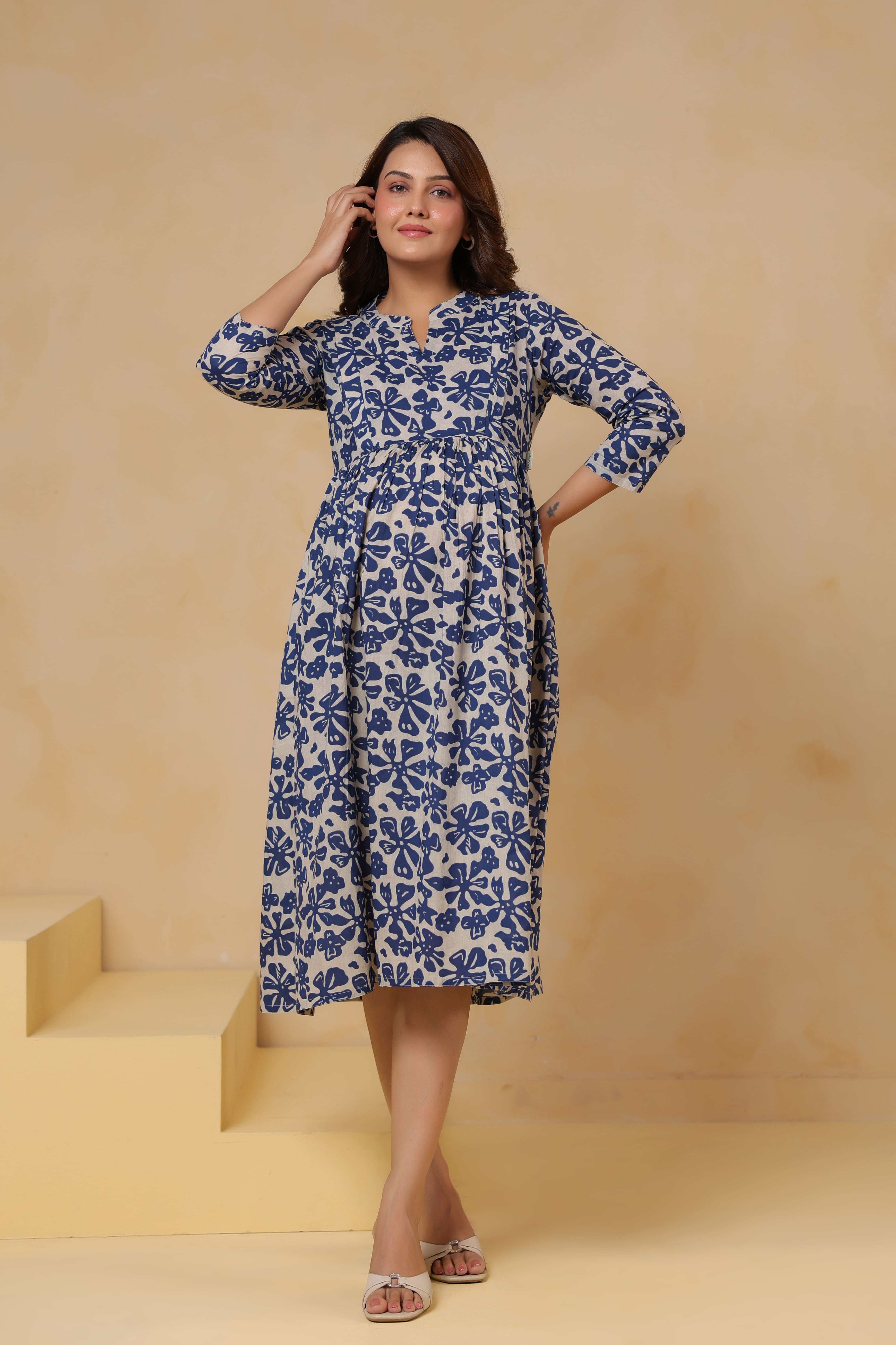 Indigo Ditsy Cotton Maternity - Nursing Dress