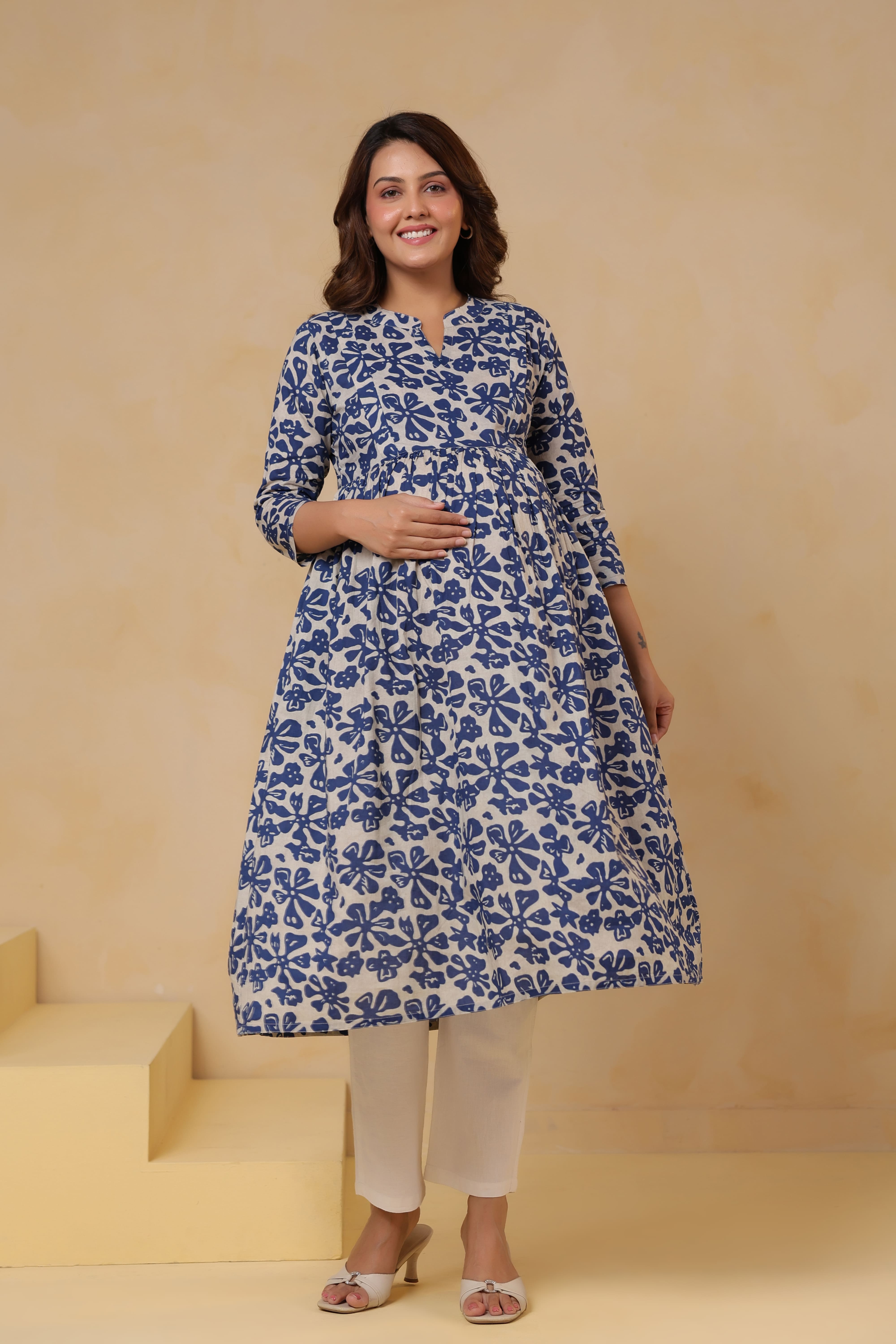 Indigo Ditsy Cotton Maternity - Nursing Kurta