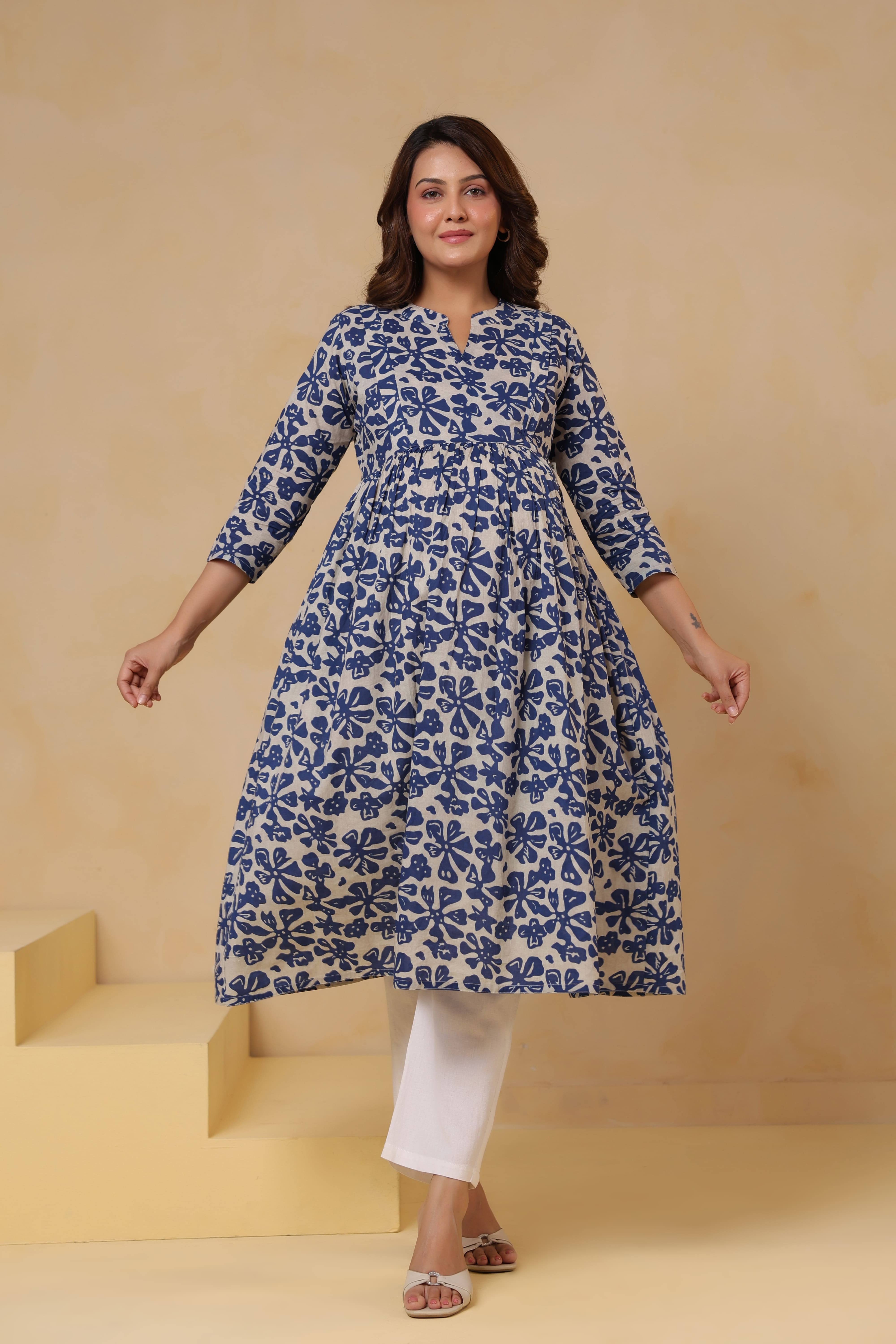 Indigo Ditsy Cotton Maternity - Nursing Kurta