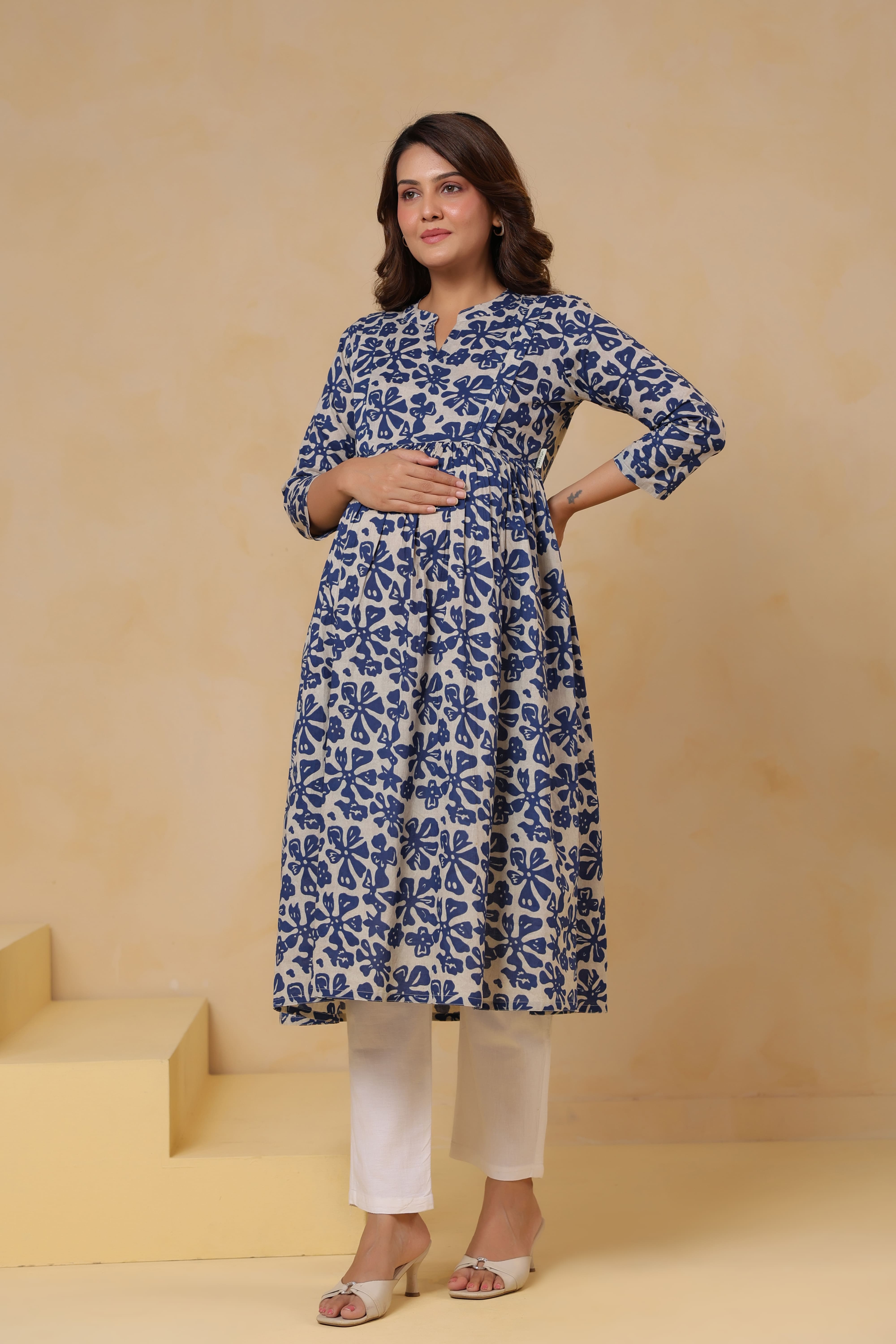 Indigo Ditsy Cotton Maternity - Nursing Kurta