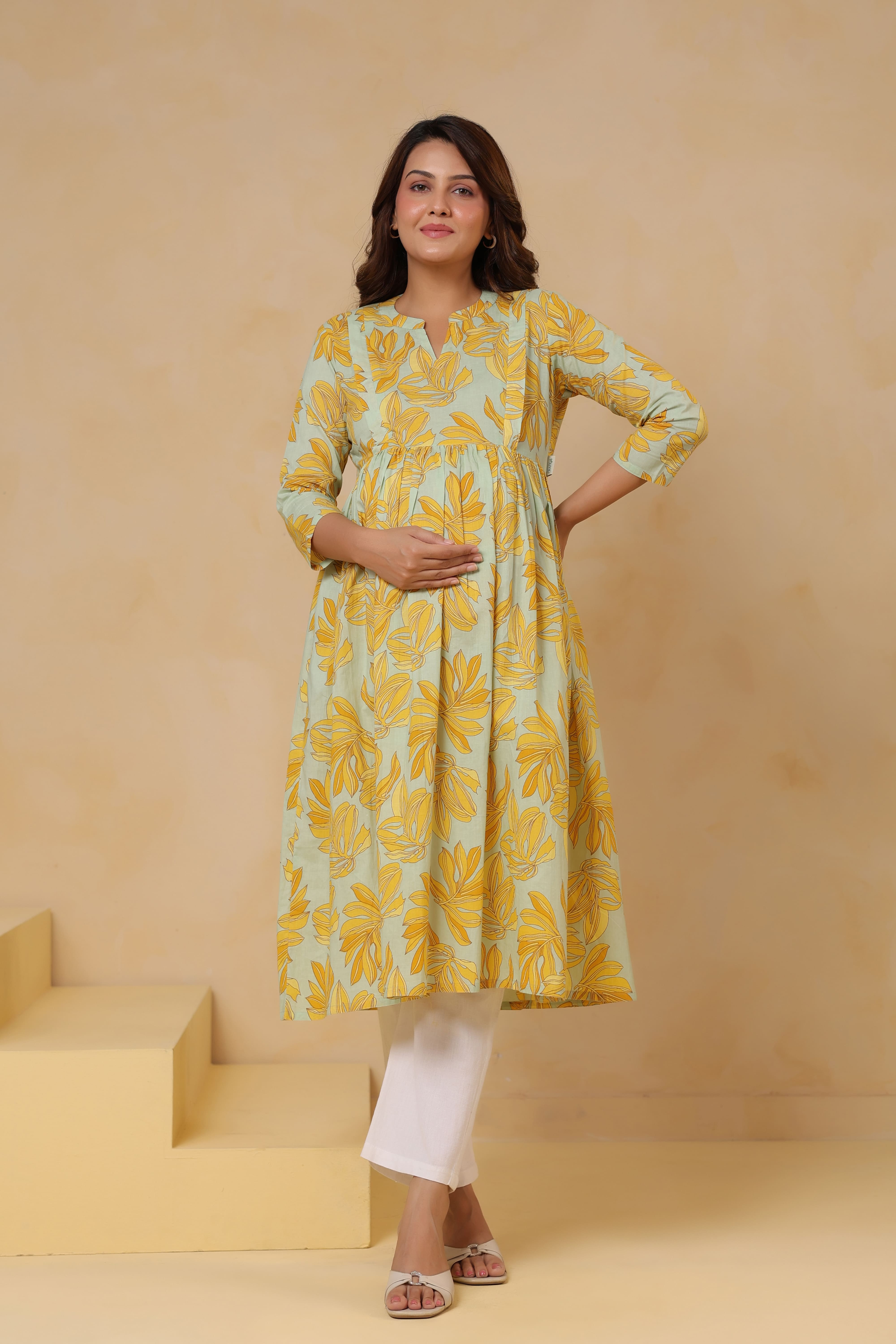 Buttter Yellow Leafy Cotton Maternity - Nursing Kurta