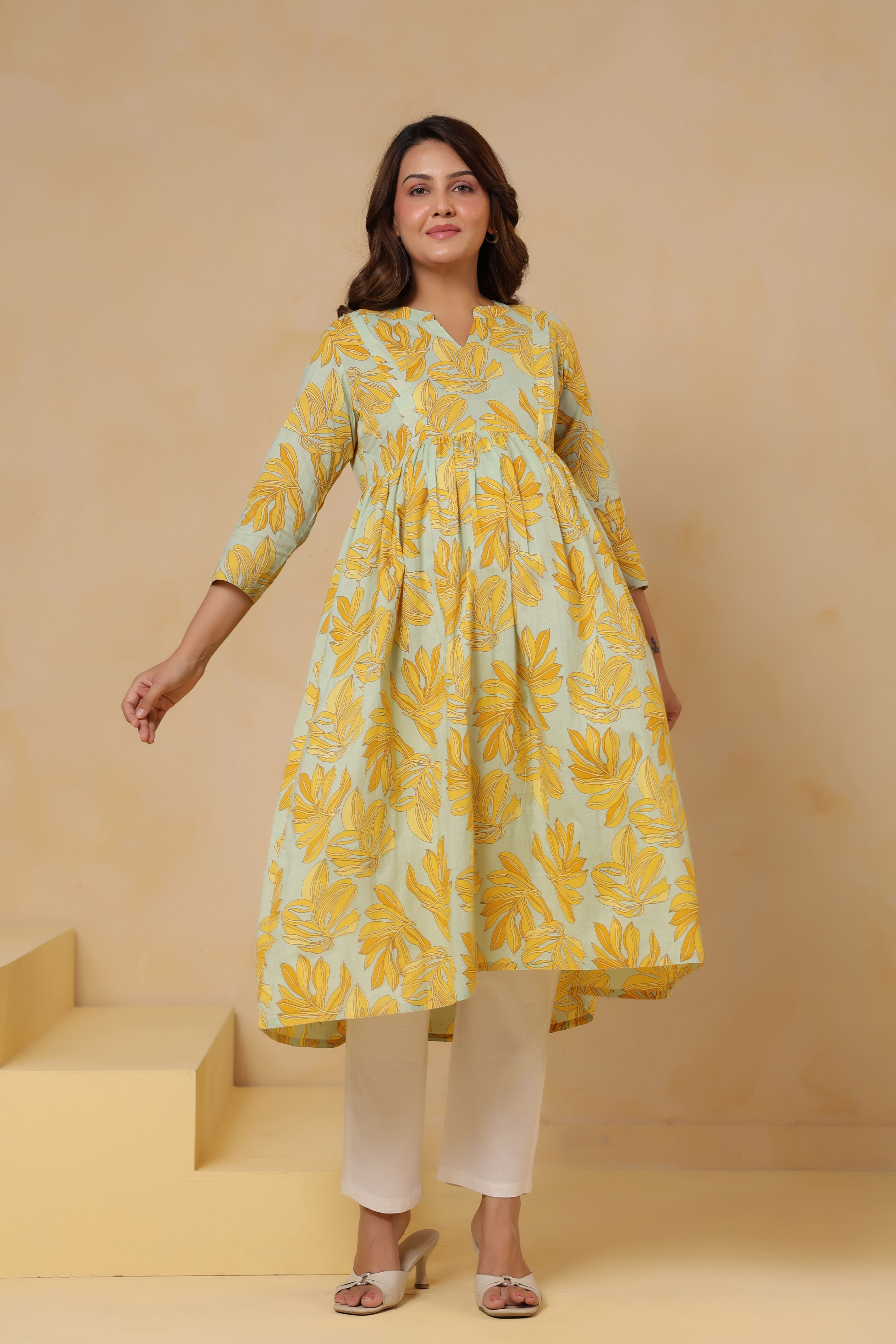 Buttter Yellow Leafy Cotton Maternity - Nursing Kurta