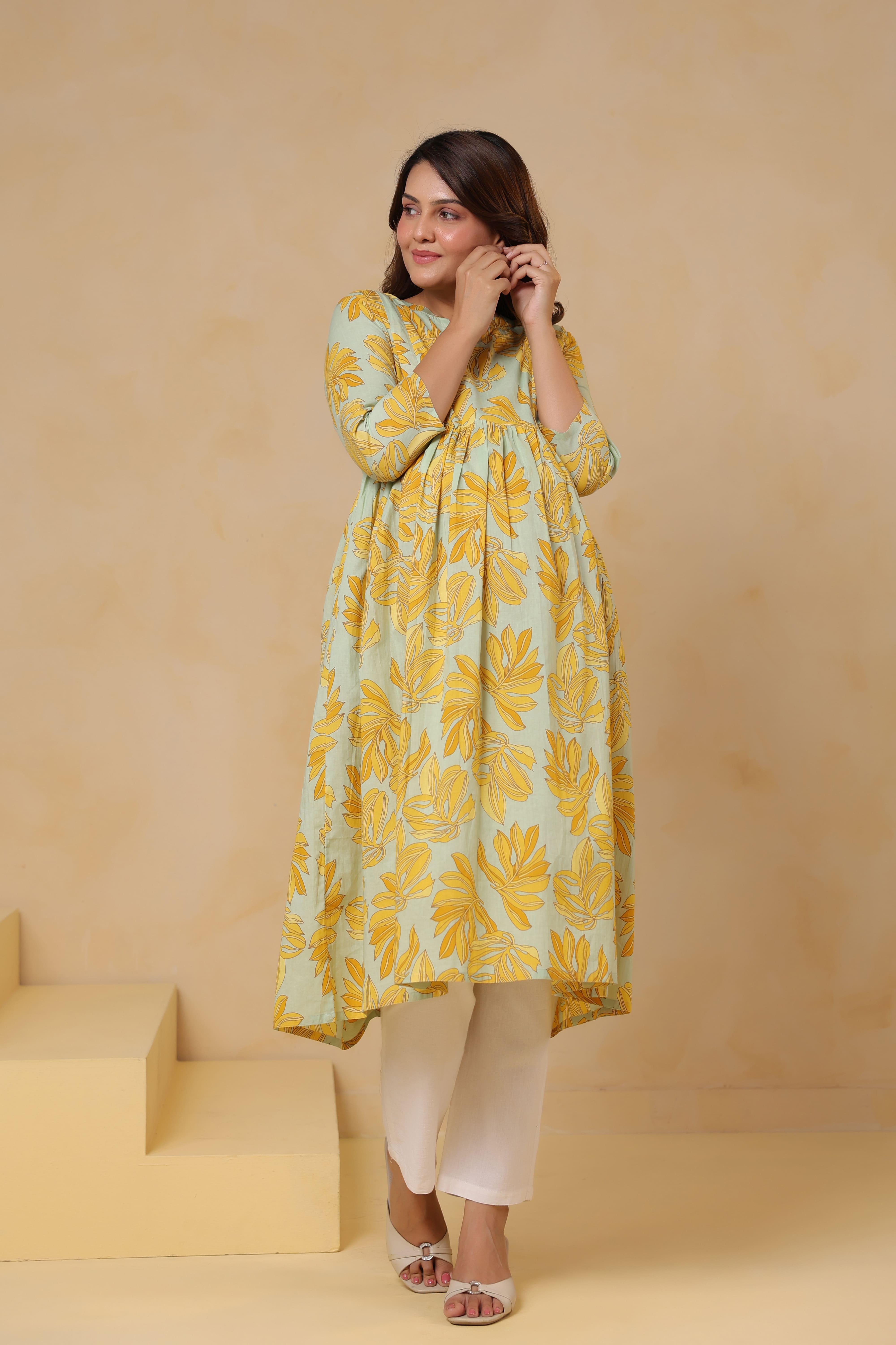 Buttter Yellow Leafy Cotton Maternity - Nursing Kurta