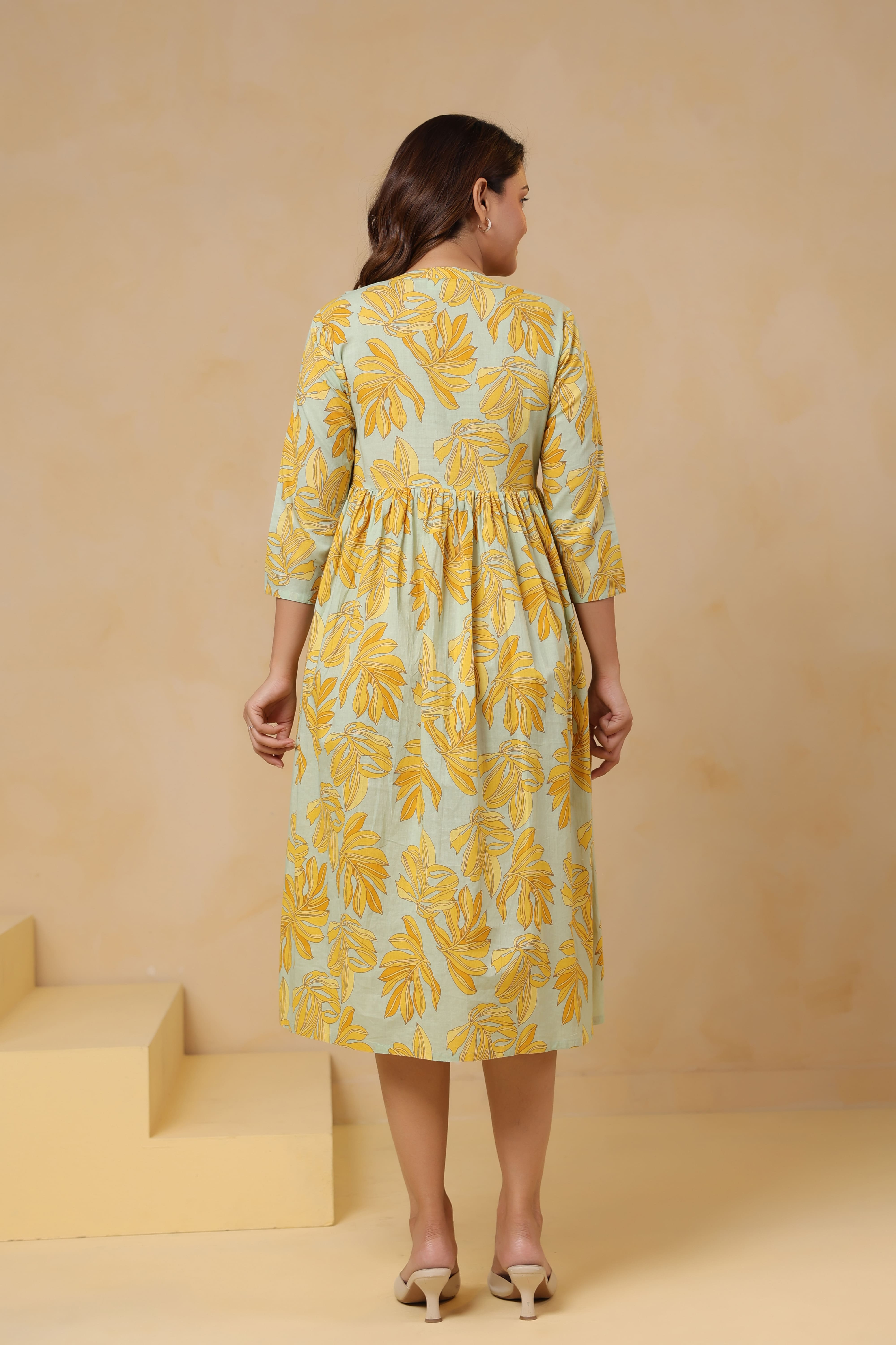 Buttter Yellow Leafy Cotton Maternity - Nursing Dress