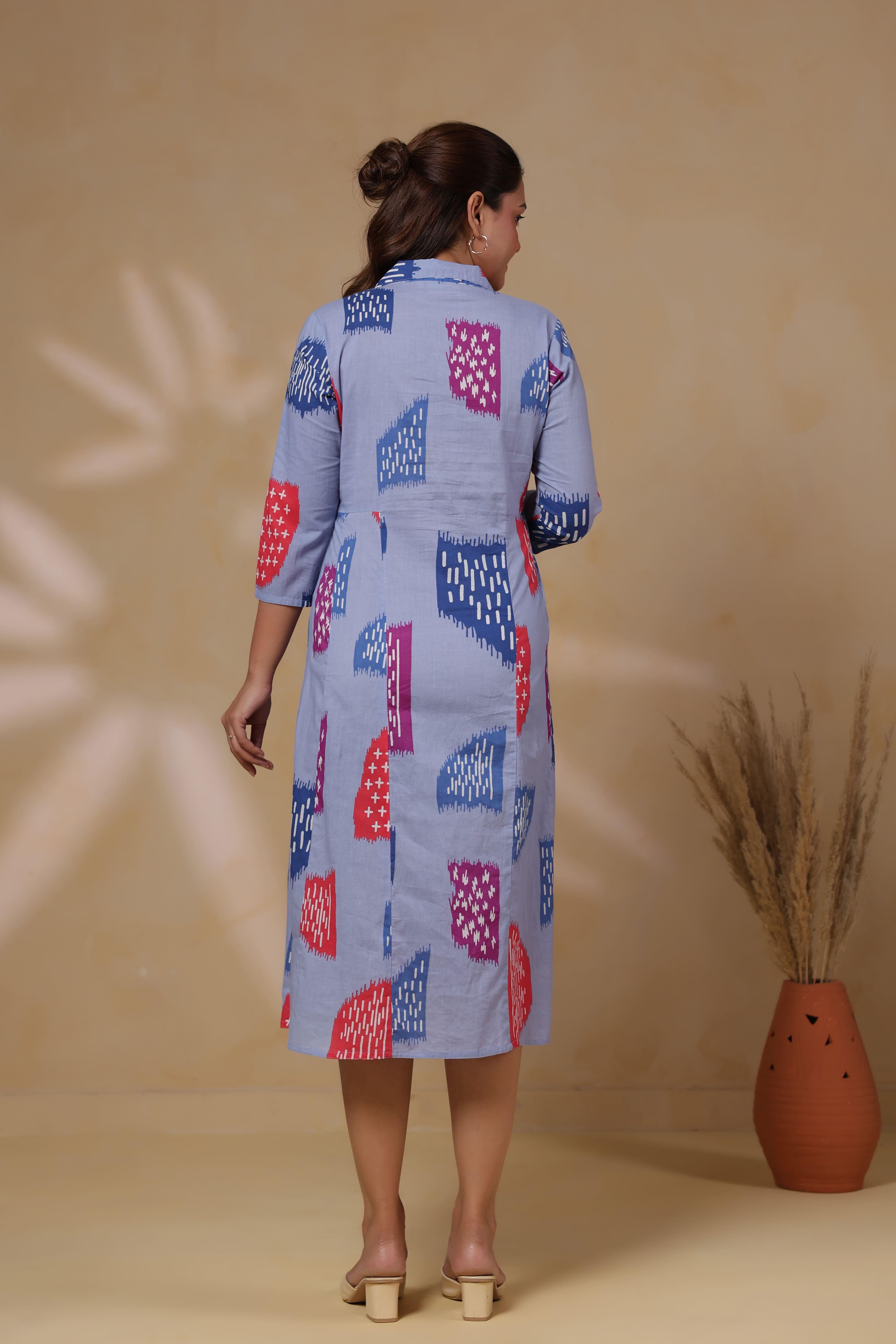 Baby Blue Abstract Cotton Maternity - Nursing Dress