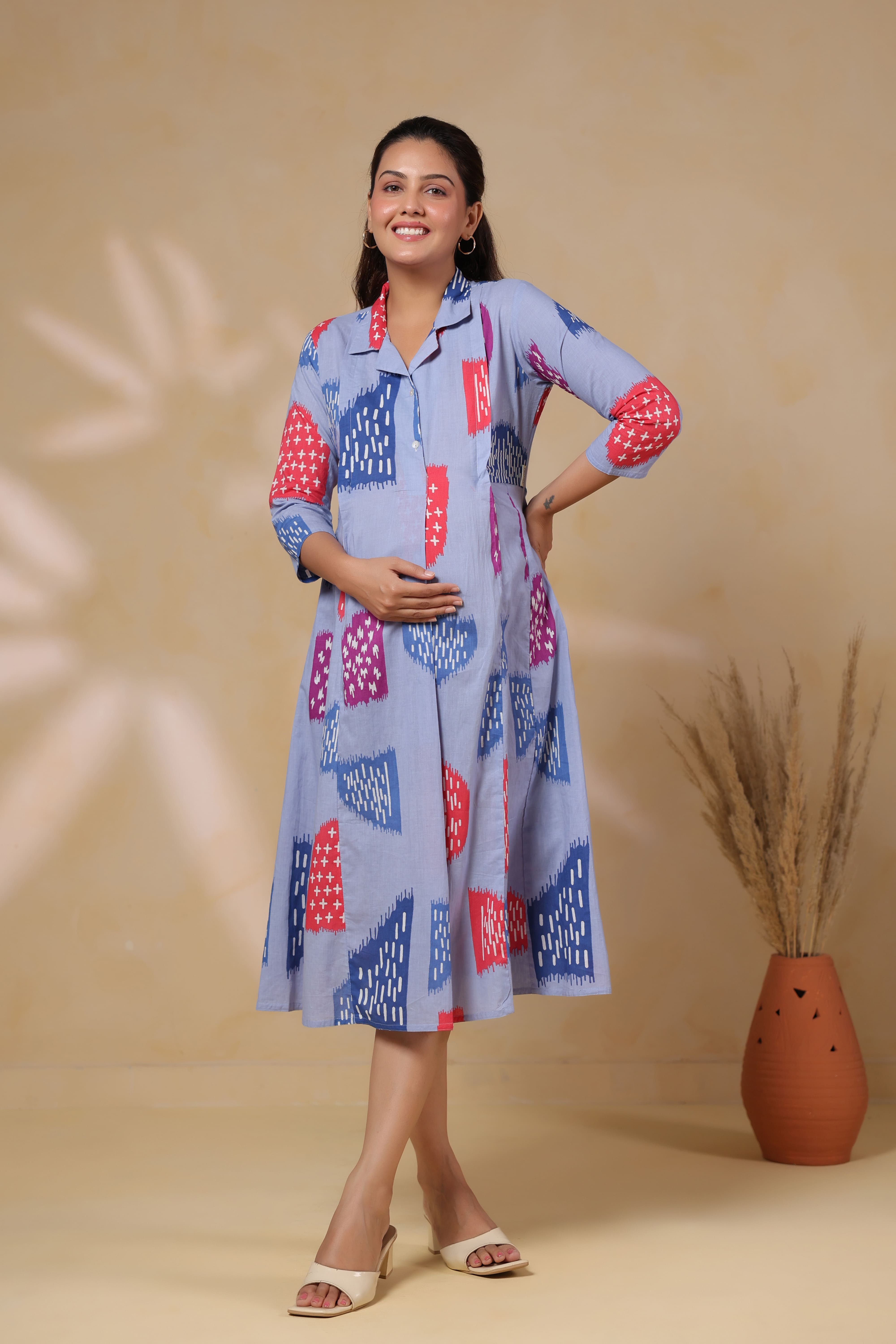 Baby Blue Abstract Cotton Maternity - Nursing Dress