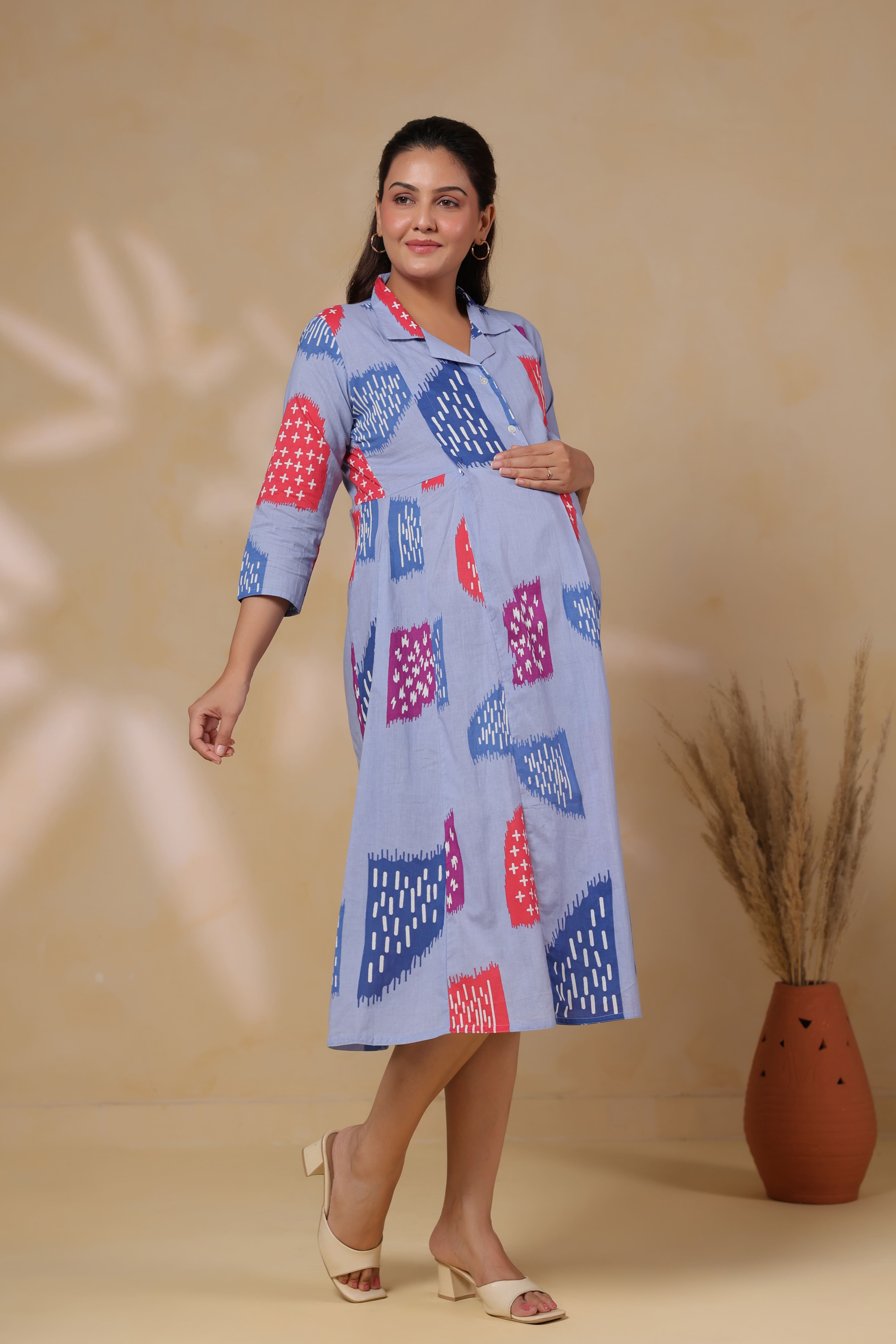 Baby Blue Abstract Cotton Maternity - Nursing Dress