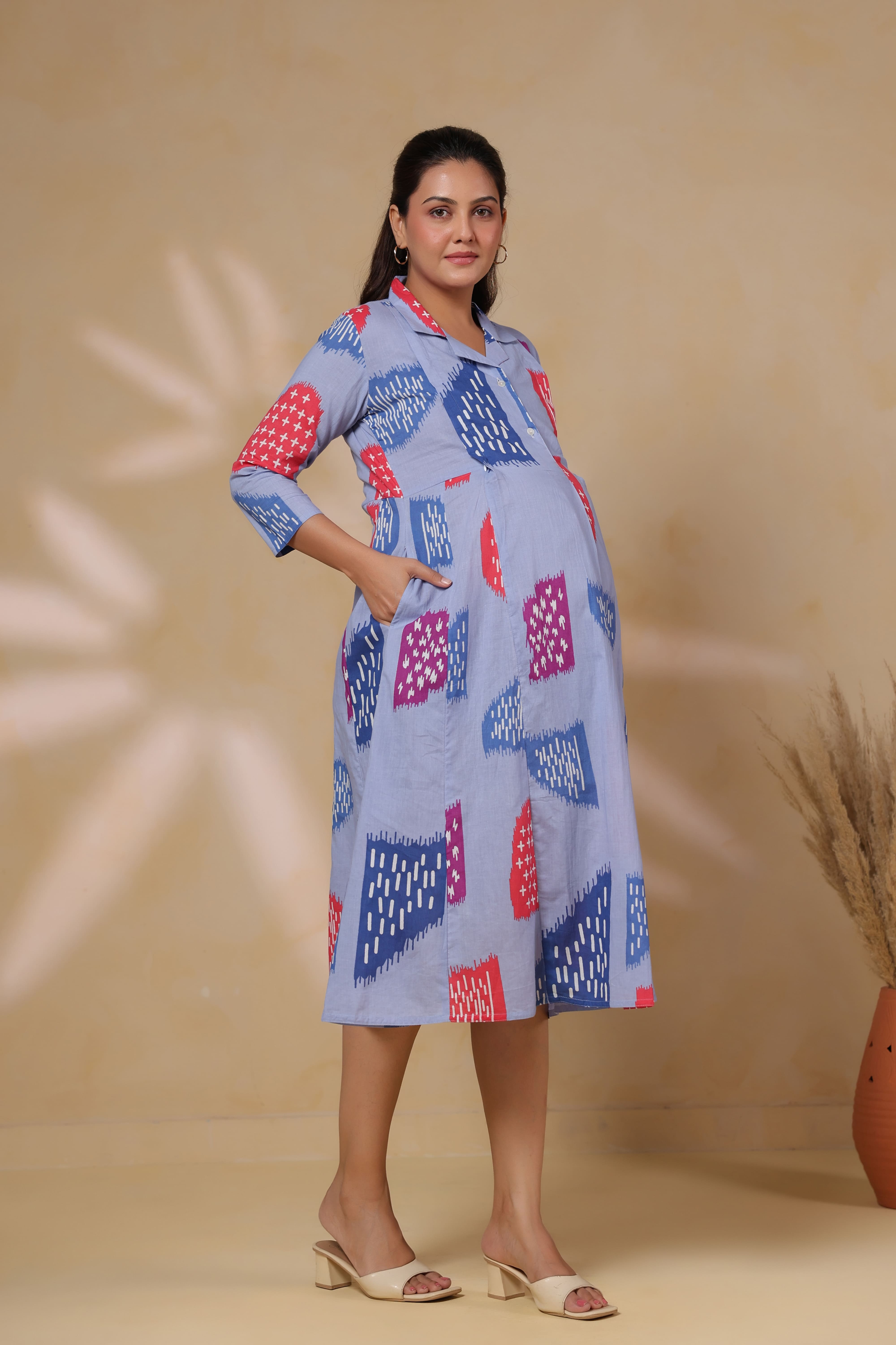 Baby Blue Abstract Cotton Maternity - Nursing Dress