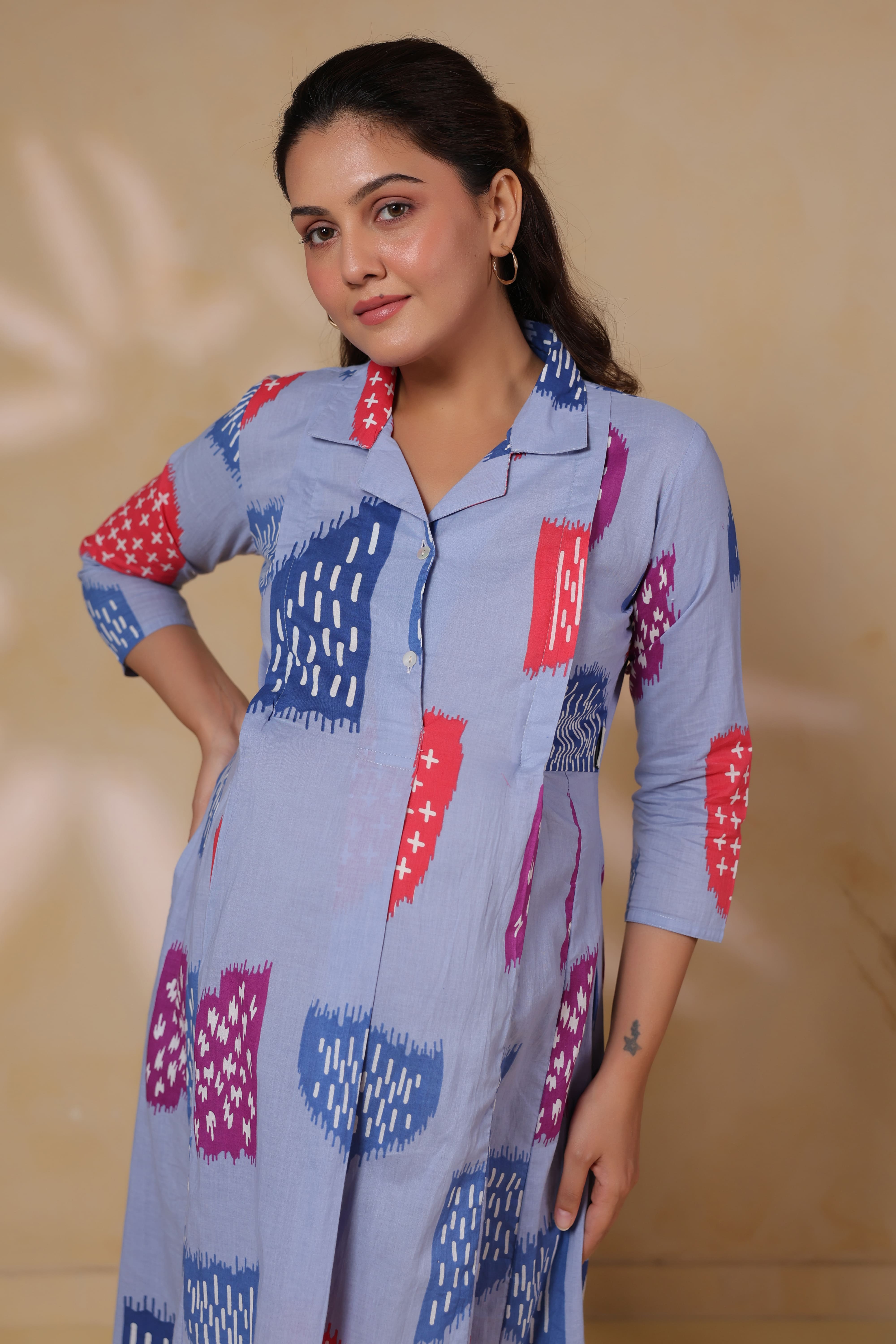 Baby Blue Abstract Cotton Maternity - Nursing Kurta