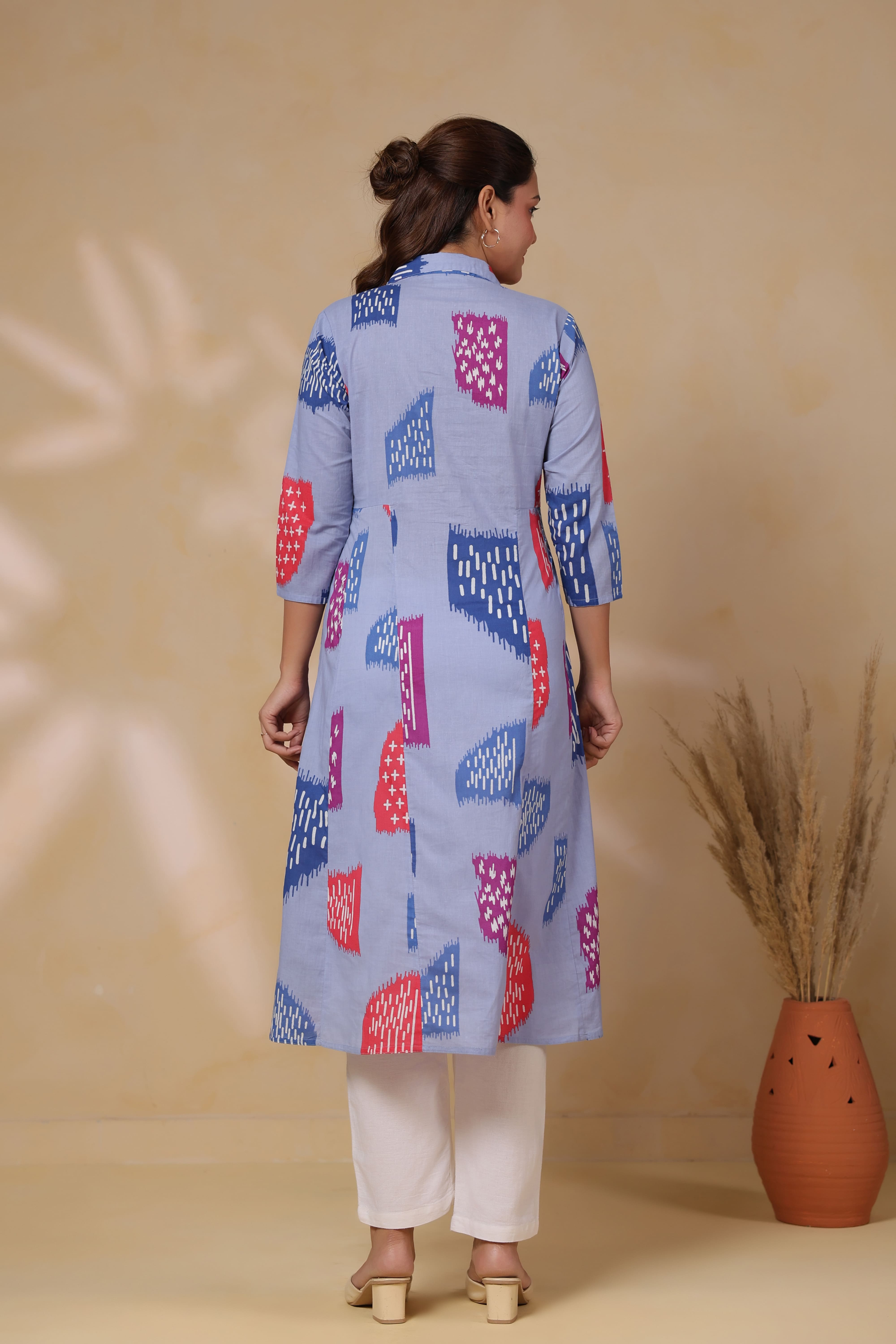 Baby Blue Abstract Cotton Maternity - Nursing Kurta