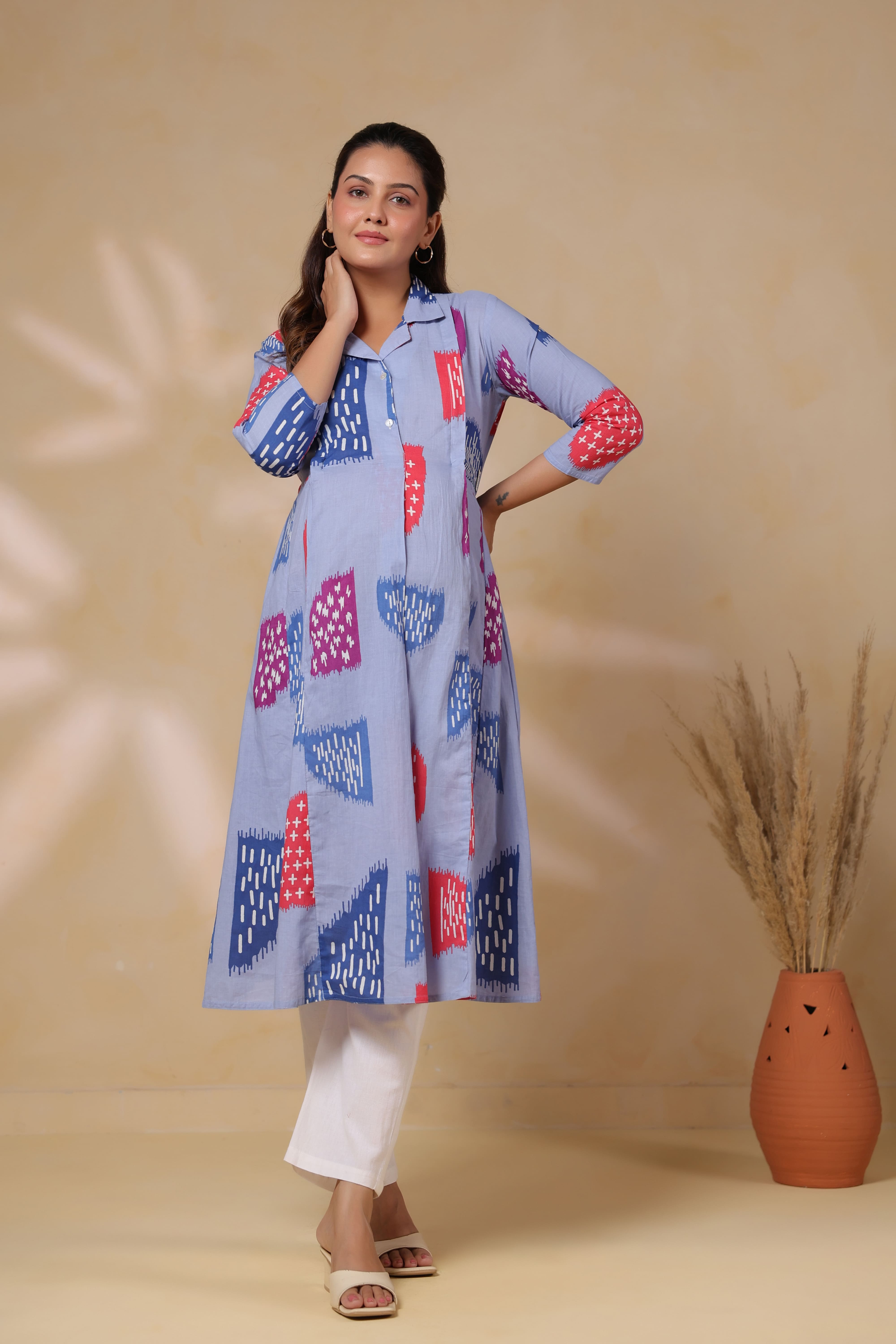 Baby Blue Abstract Cotton Maternity - Nursing Kurta