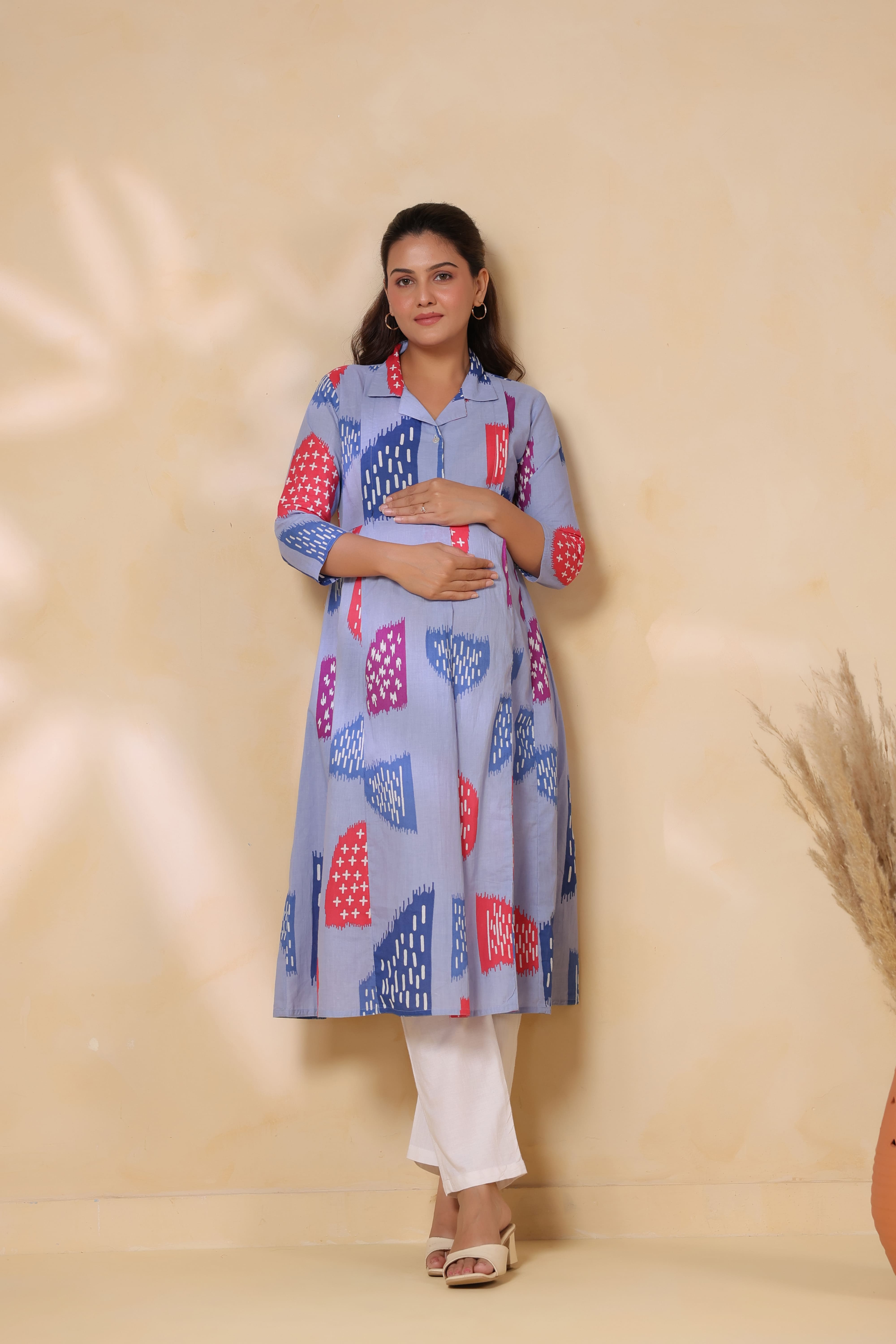 Baby Blue Abstract Cotton Maternity - Nursing Kurta