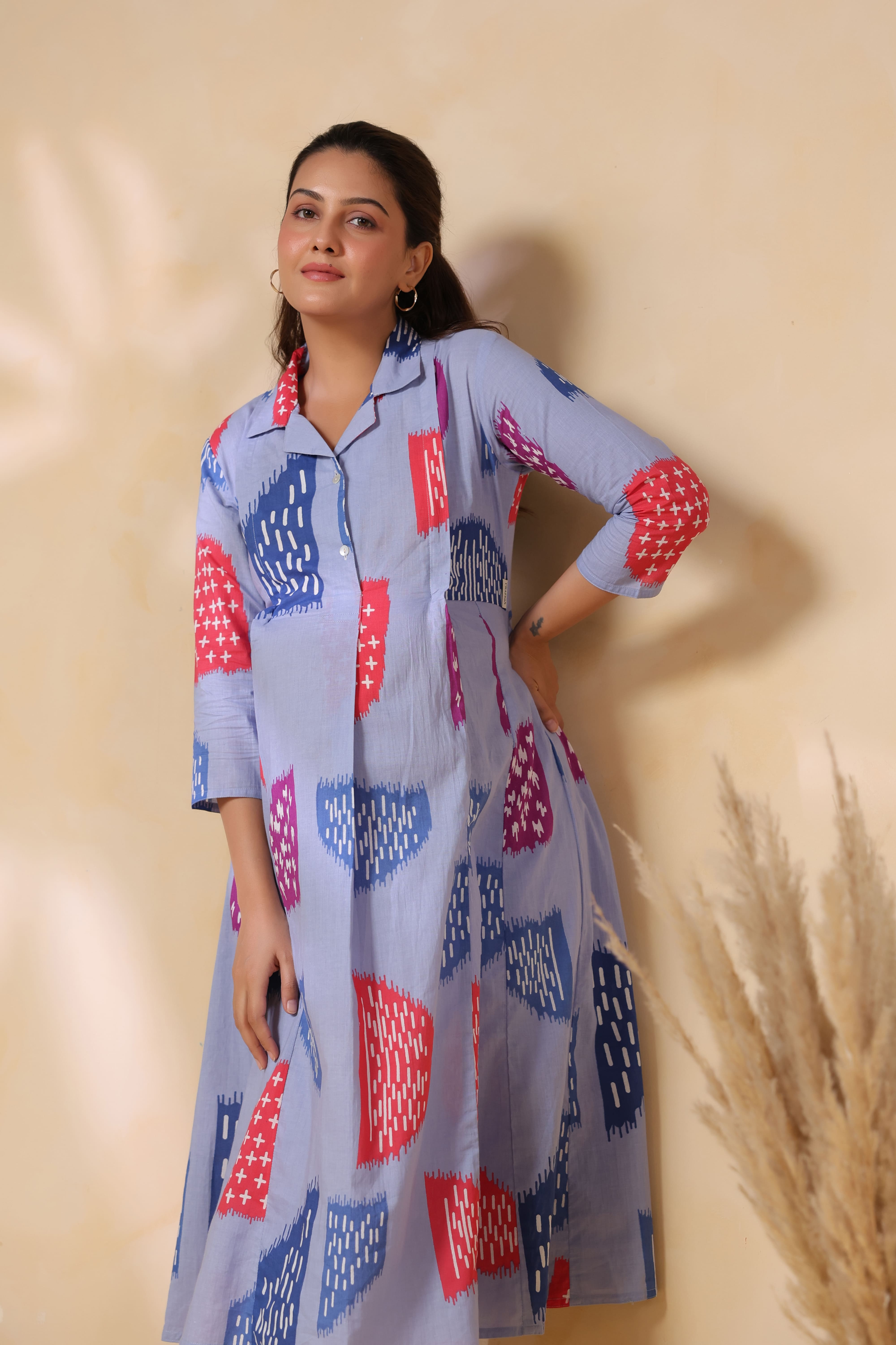 Baby Blue Abstract Cotton Maternity - Nursing Dress