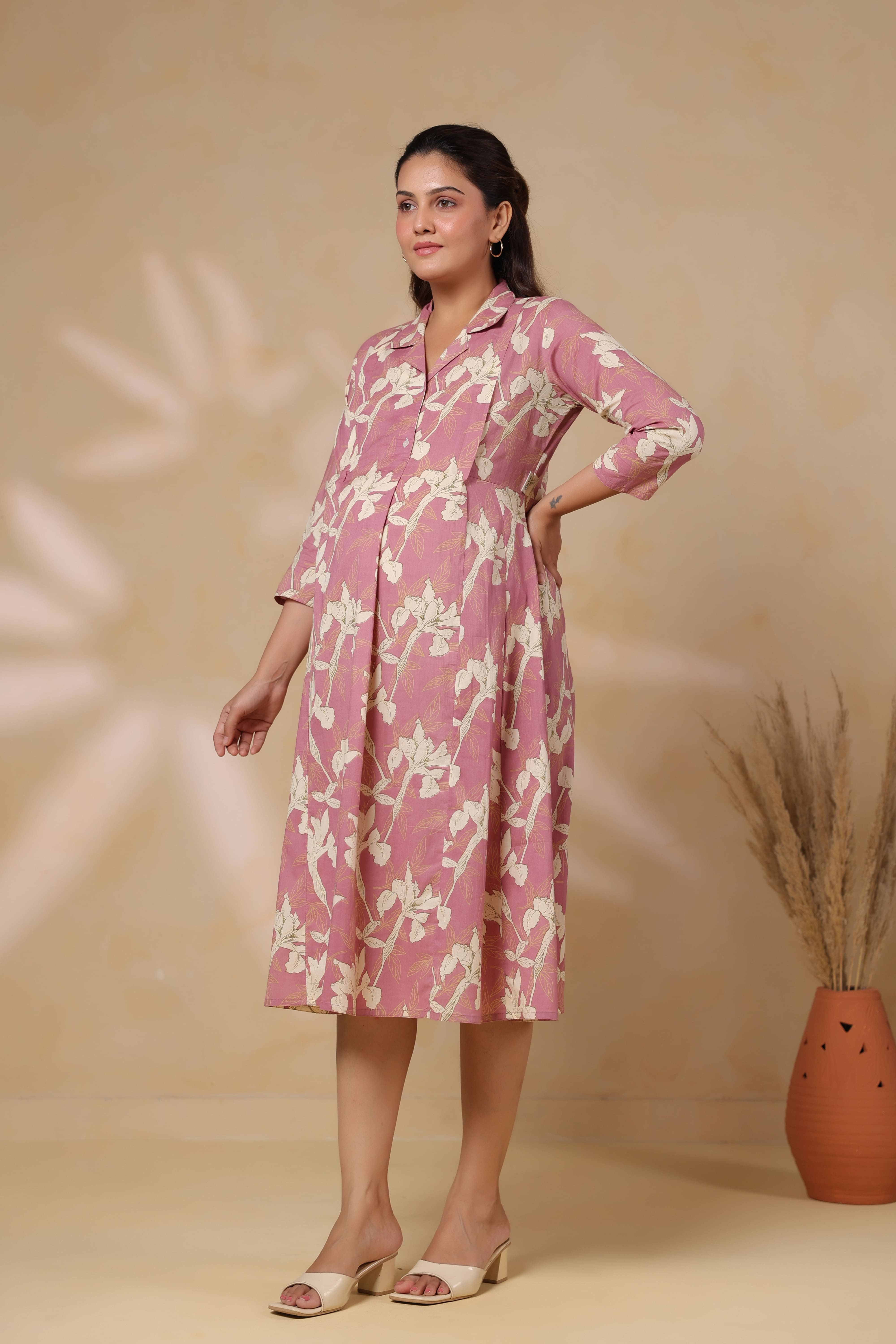 Old Rose Leaf Cotton Maternity - Nursing Dress