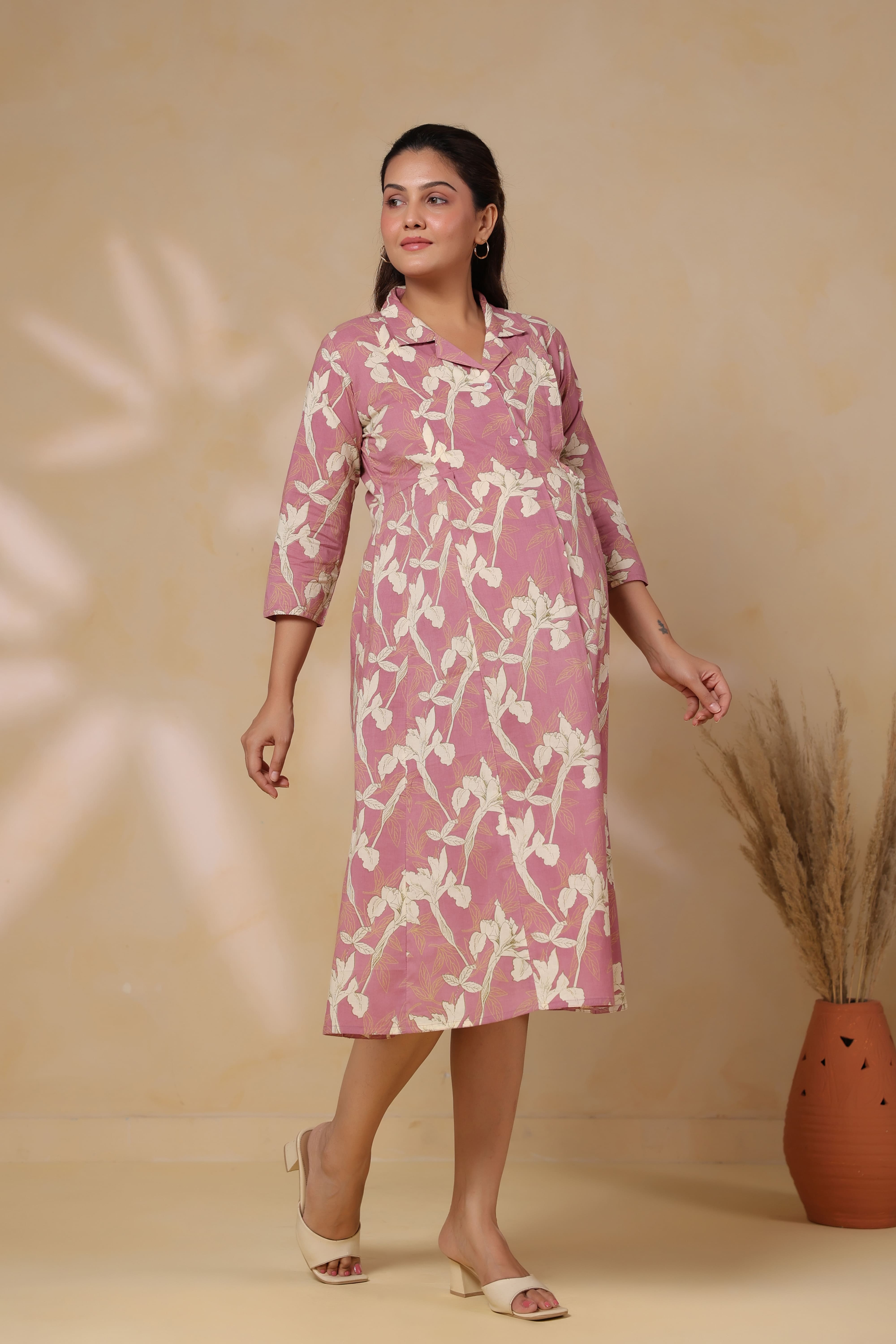 Old Rose Leaf Cotton Maternity - Nursing Dress