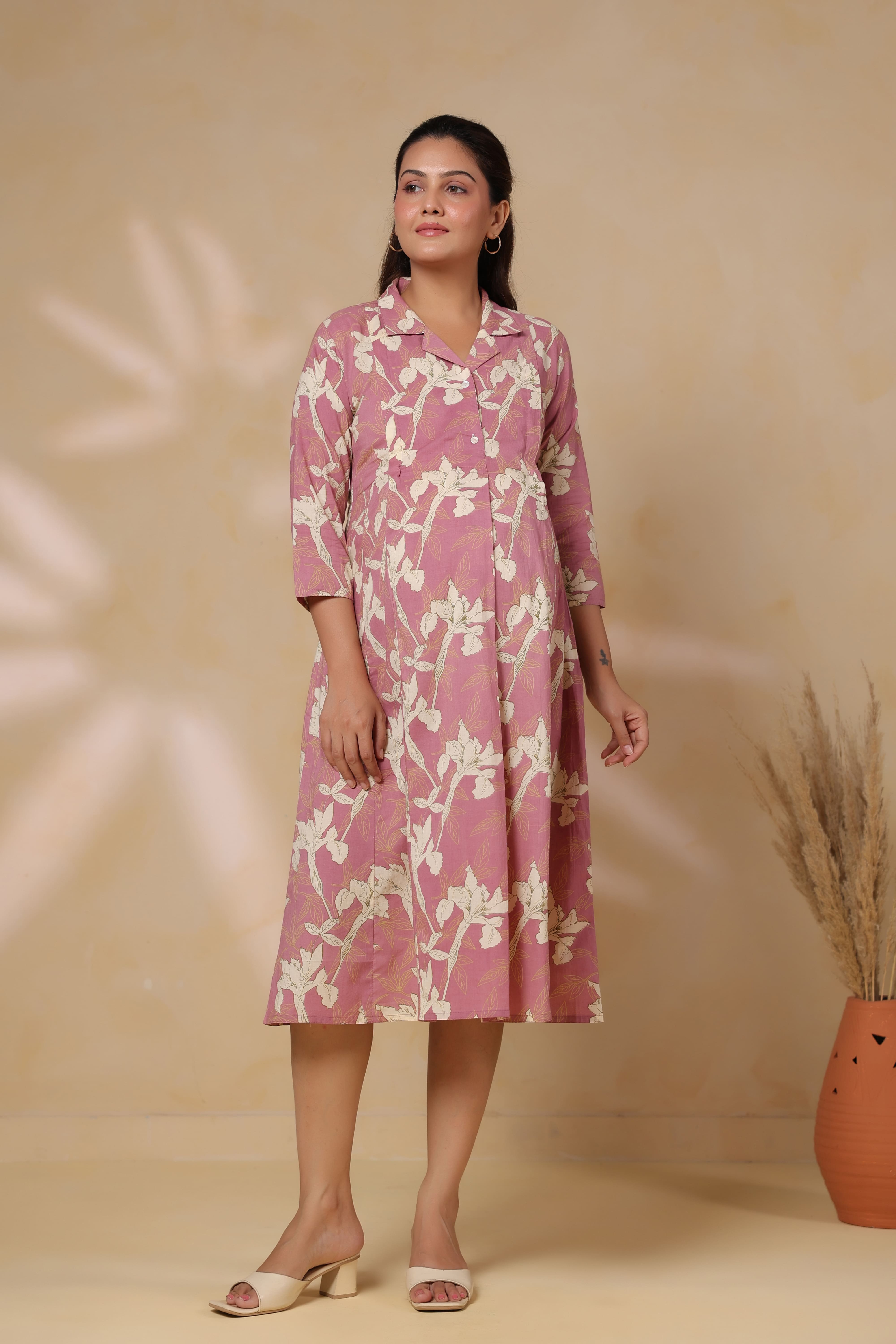 Old Rose Leaf Cotton Maternity - Nursing Dress