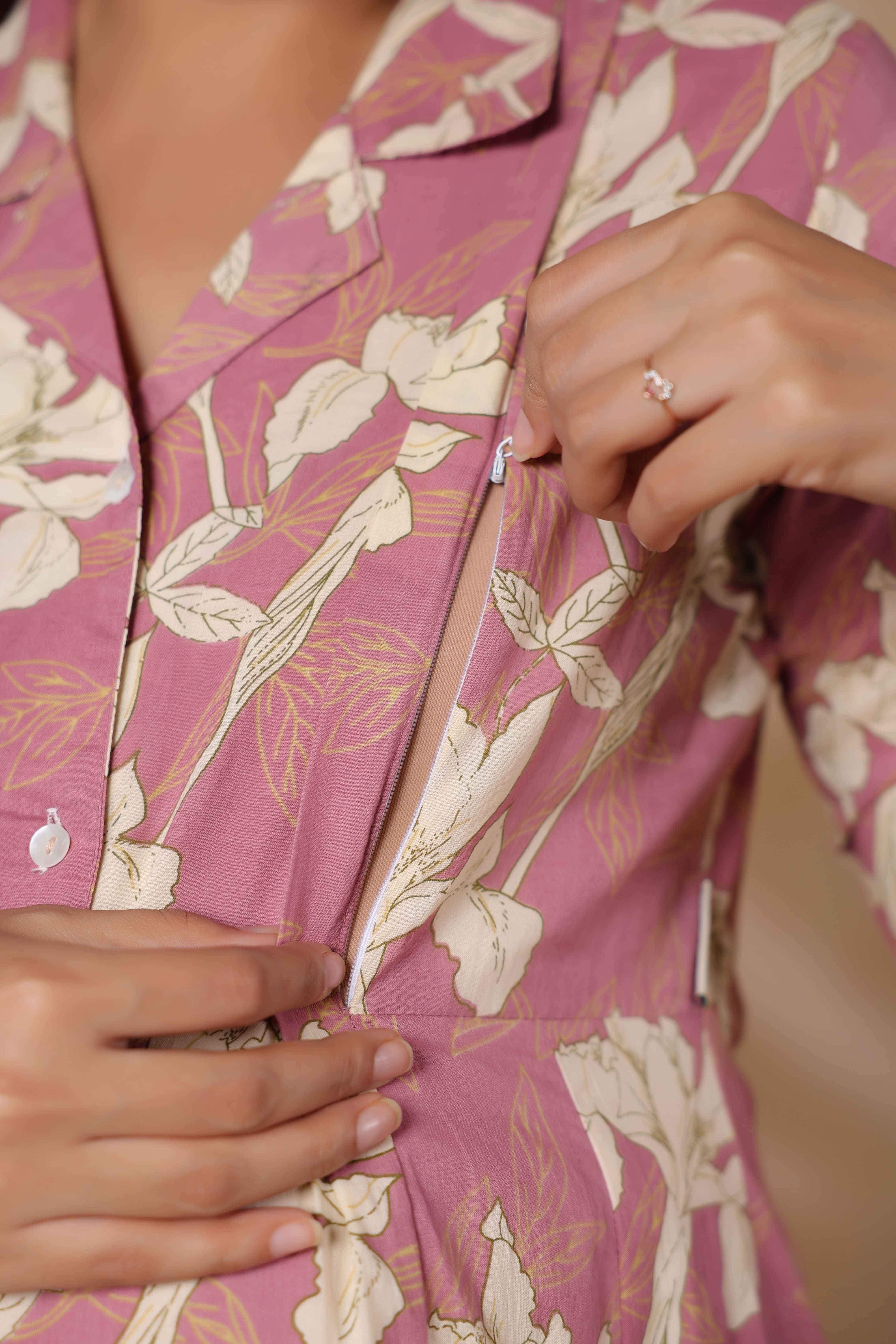 Old Rose Leaf Cotton Maternity - Nursing Dress