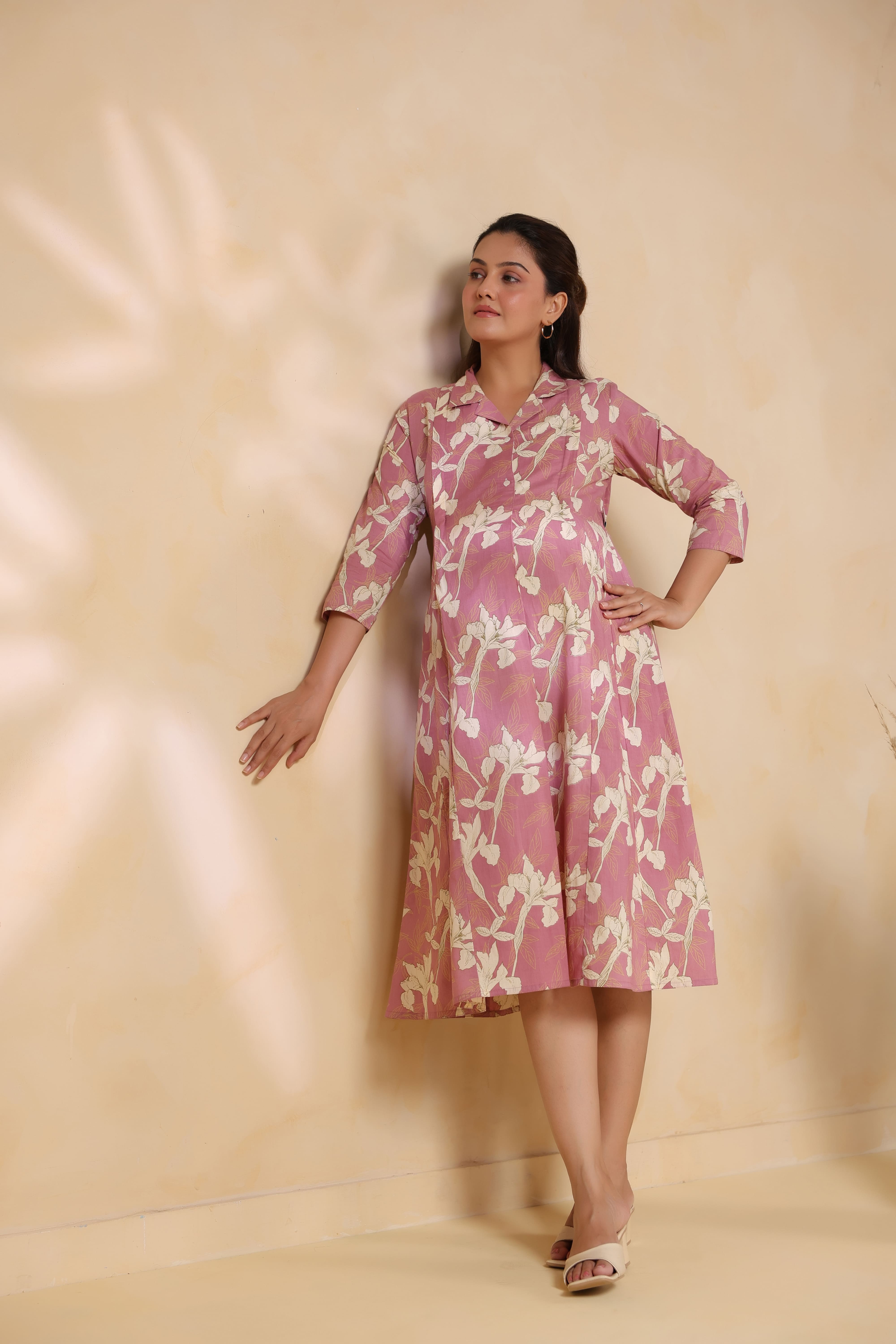 Old Rose Leaf Cotton Maternity - Nursing Dress