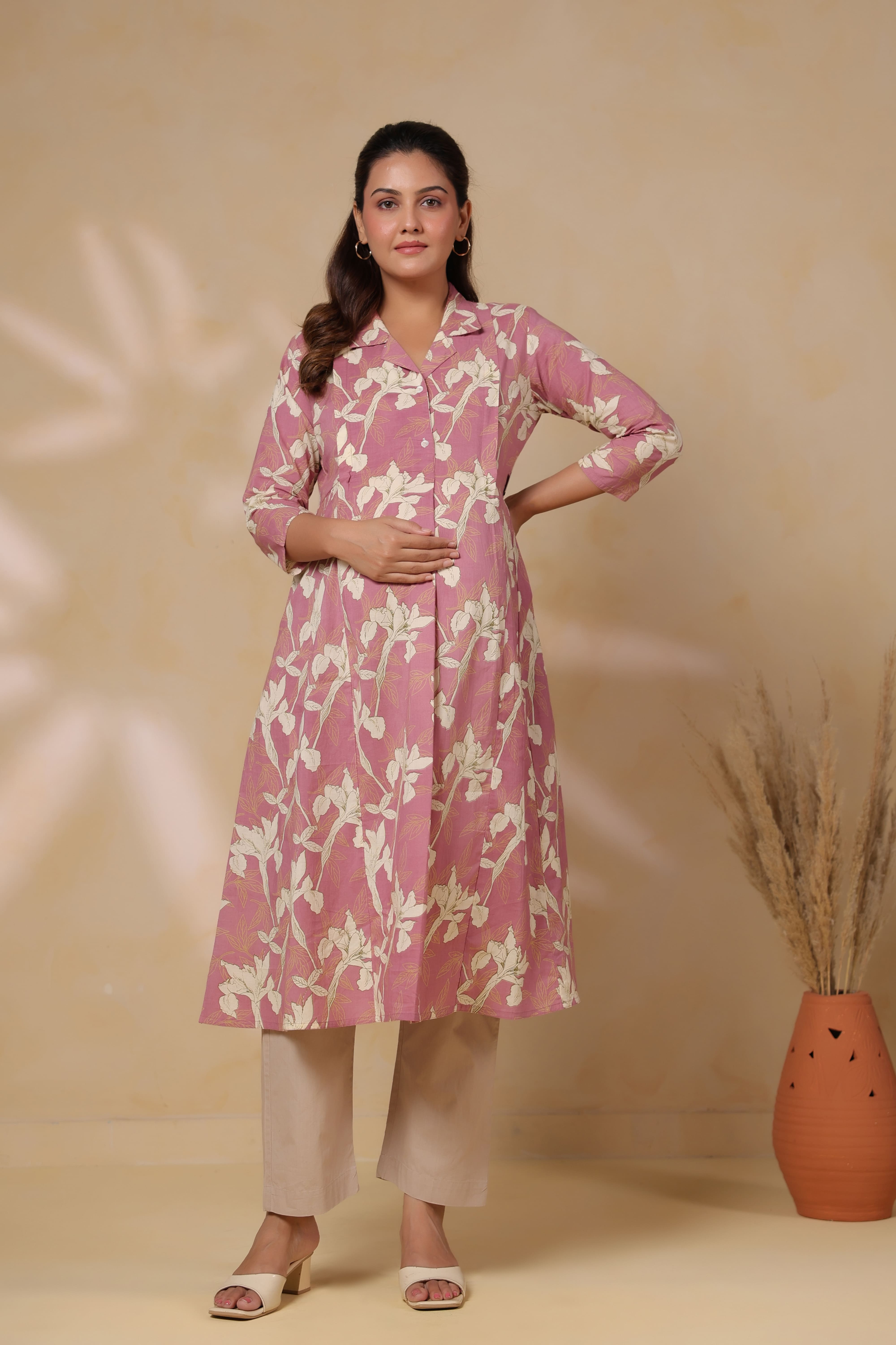 Old Rose Leaf Cotton Maternity - Nursing Kurta
