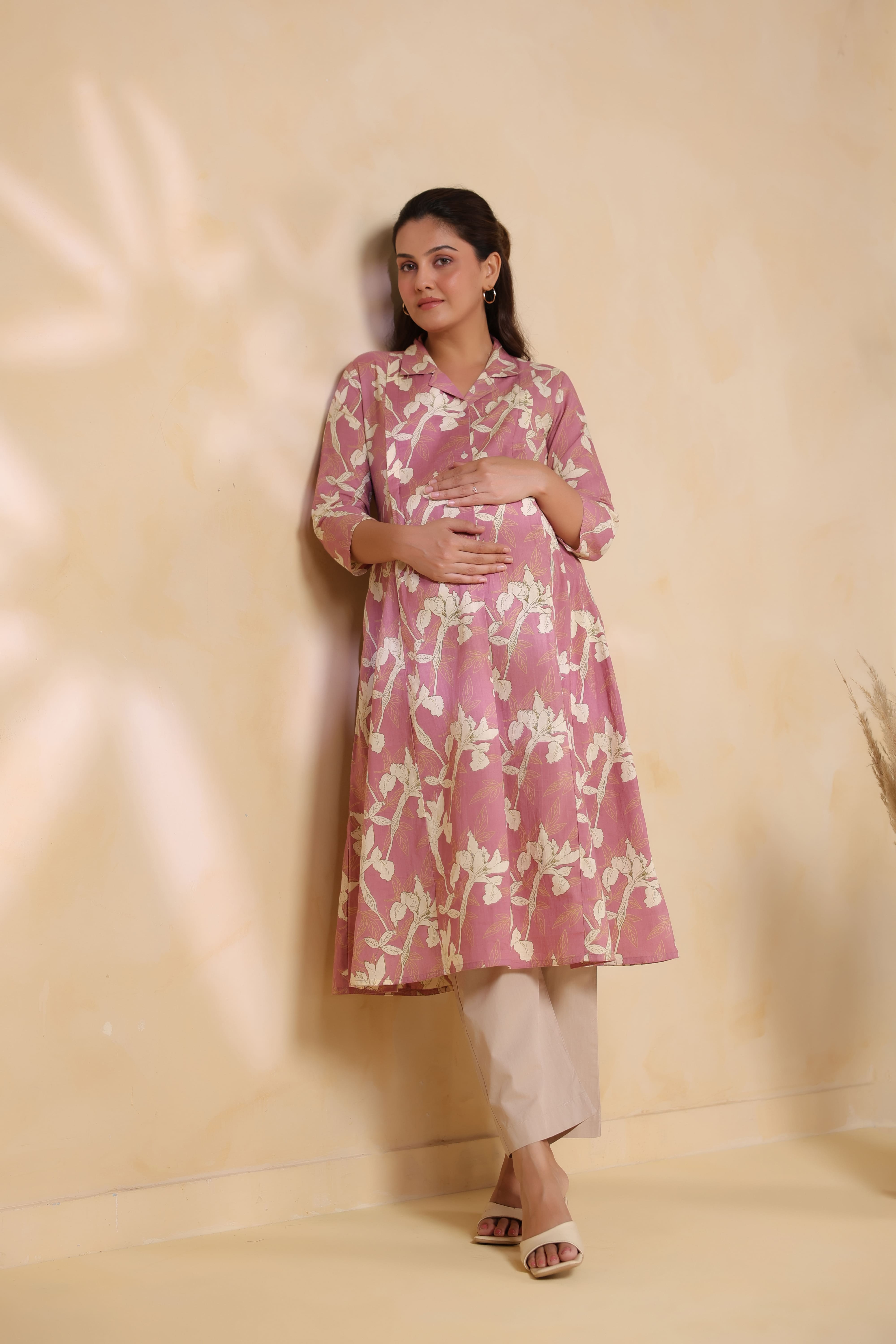 Old Rose Leaf Cotton Maternity - Nursing Kurta
