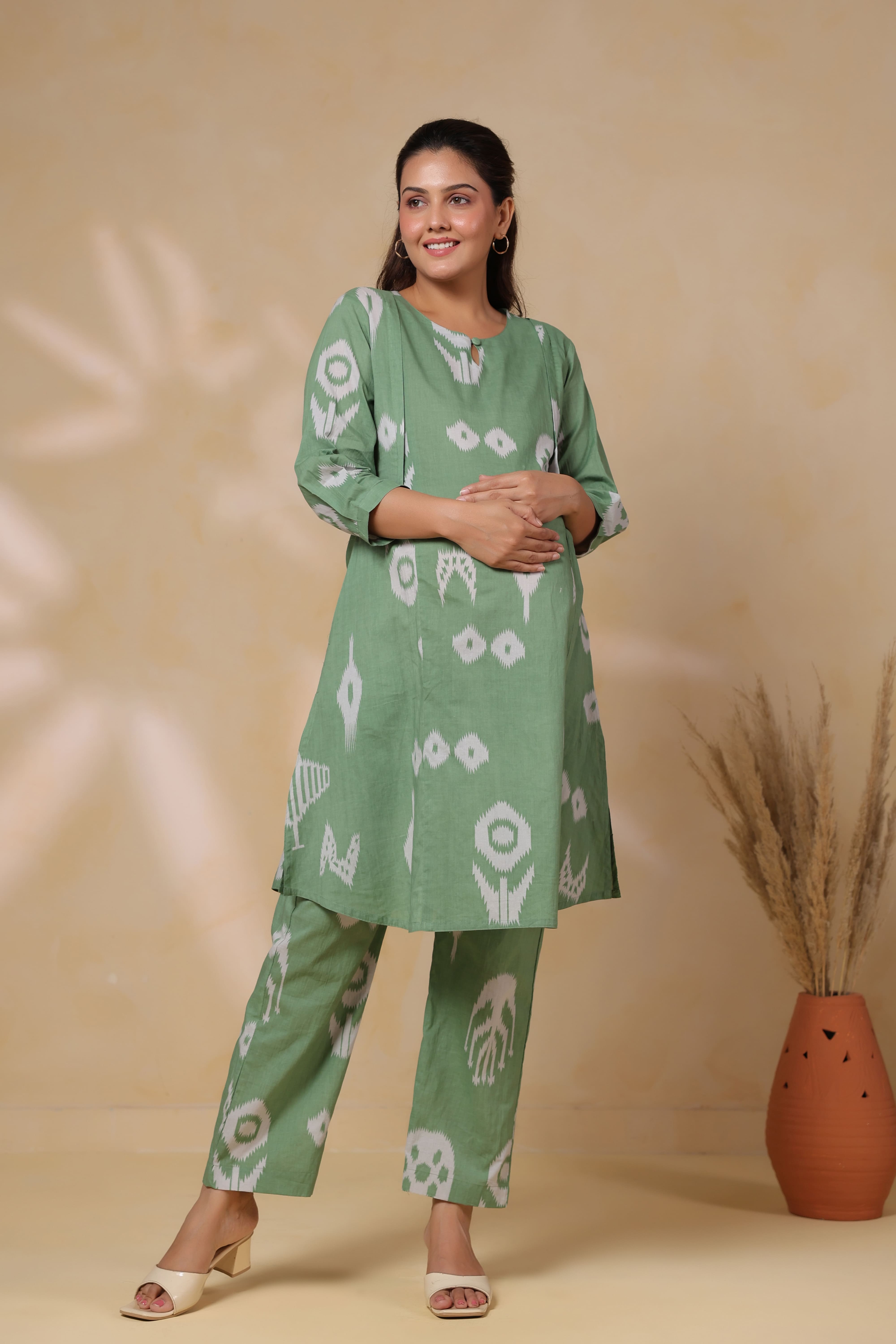 Sage Classic Ikat Cotton Maternity - Nursing Co-ord Set
